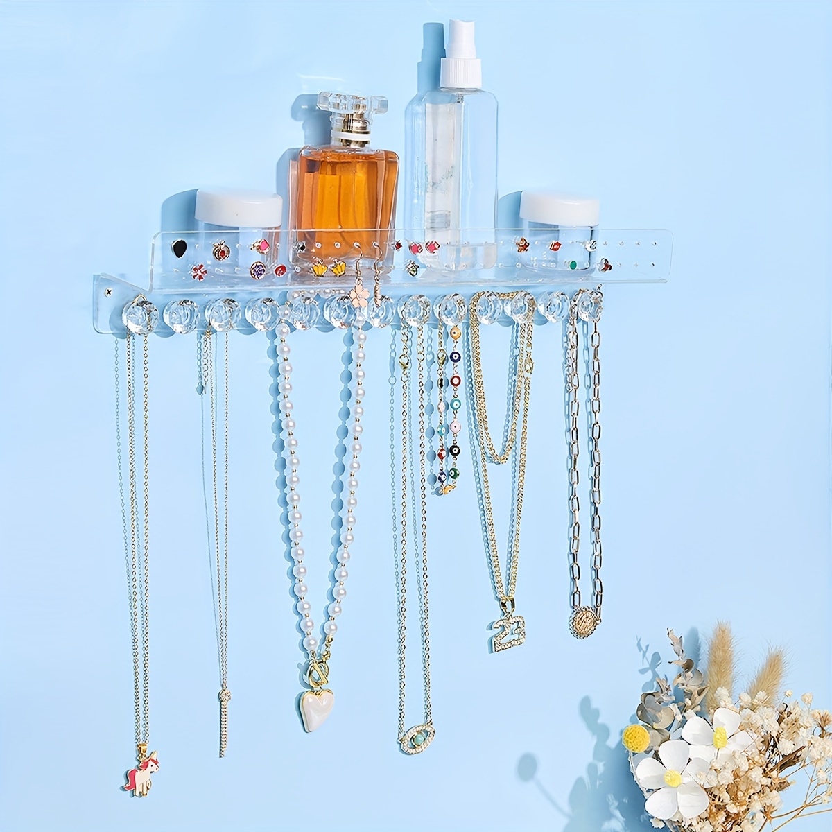 Keebofly Organizador de joyas montado en la pared con armario  de madera rústica para joyas de gran espacio, soporte, caja de  almacenamiento para collares, aretes, pulseras, soporte para anillos y  accesorios