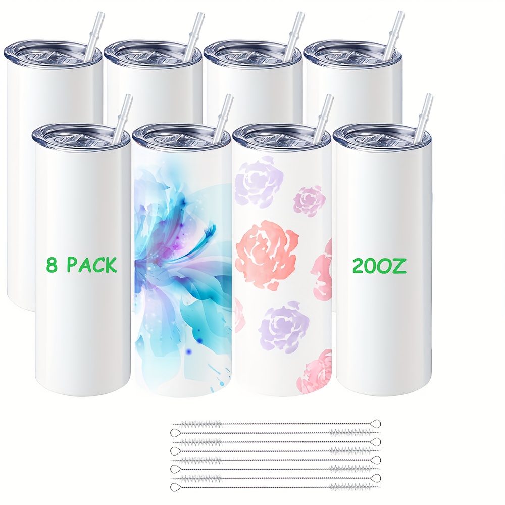 8/10pcs, Blank Sublimation Tumblers, 20oz (560ml), Straight Skinny Tumbler  With Straw, Stainless Steel Double Wall Insulated Water Bottle For DIY Than