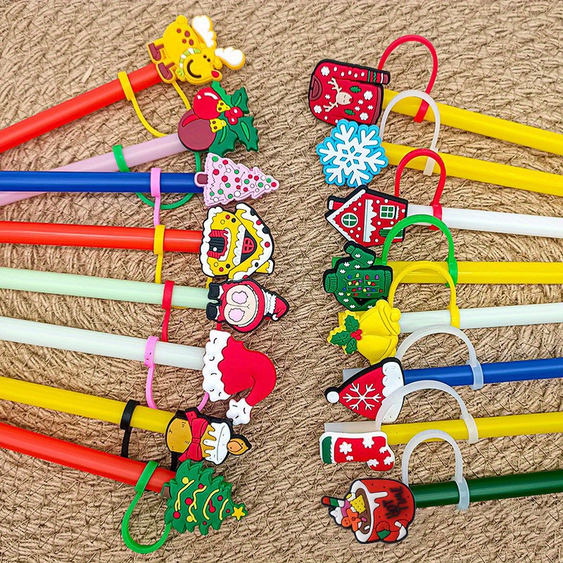 Christmas Straw Cover Caps 12PCS Xmas Style Silicone Straws Tips Cover  Reusable