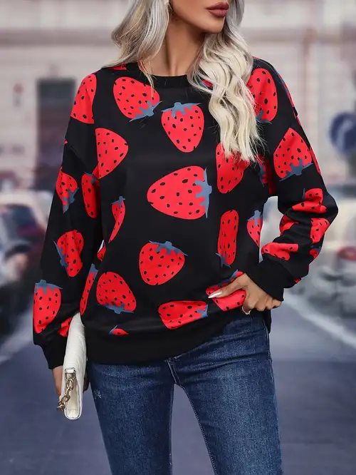 Women's Strawberry Print Crew Neck Crochet Knit Tops, Cute Fall Winter  Pullover Sweaters, Women's Clothing