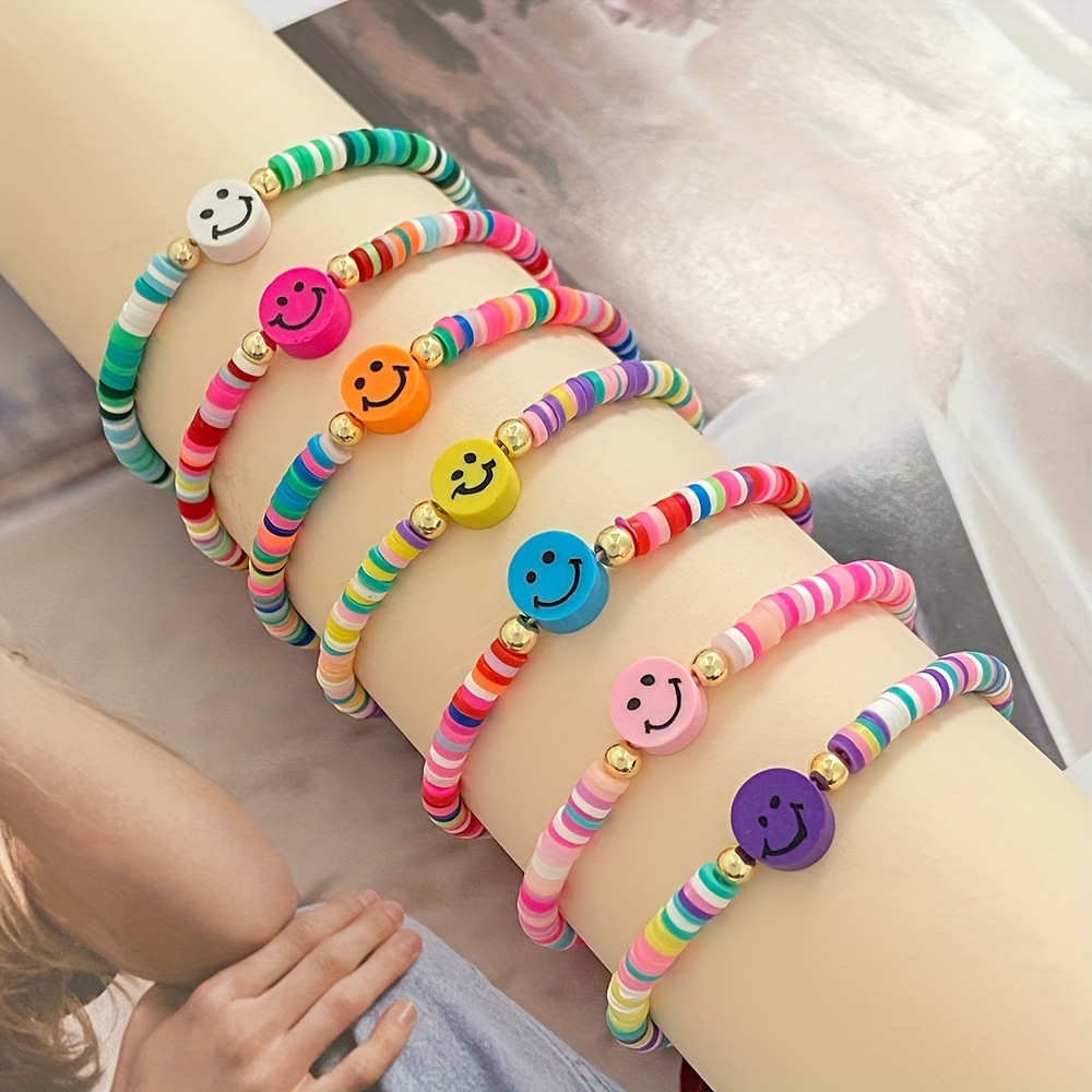 Women's Beaded Elastic Bracelet Color, Smile Bracelet Set Y2k