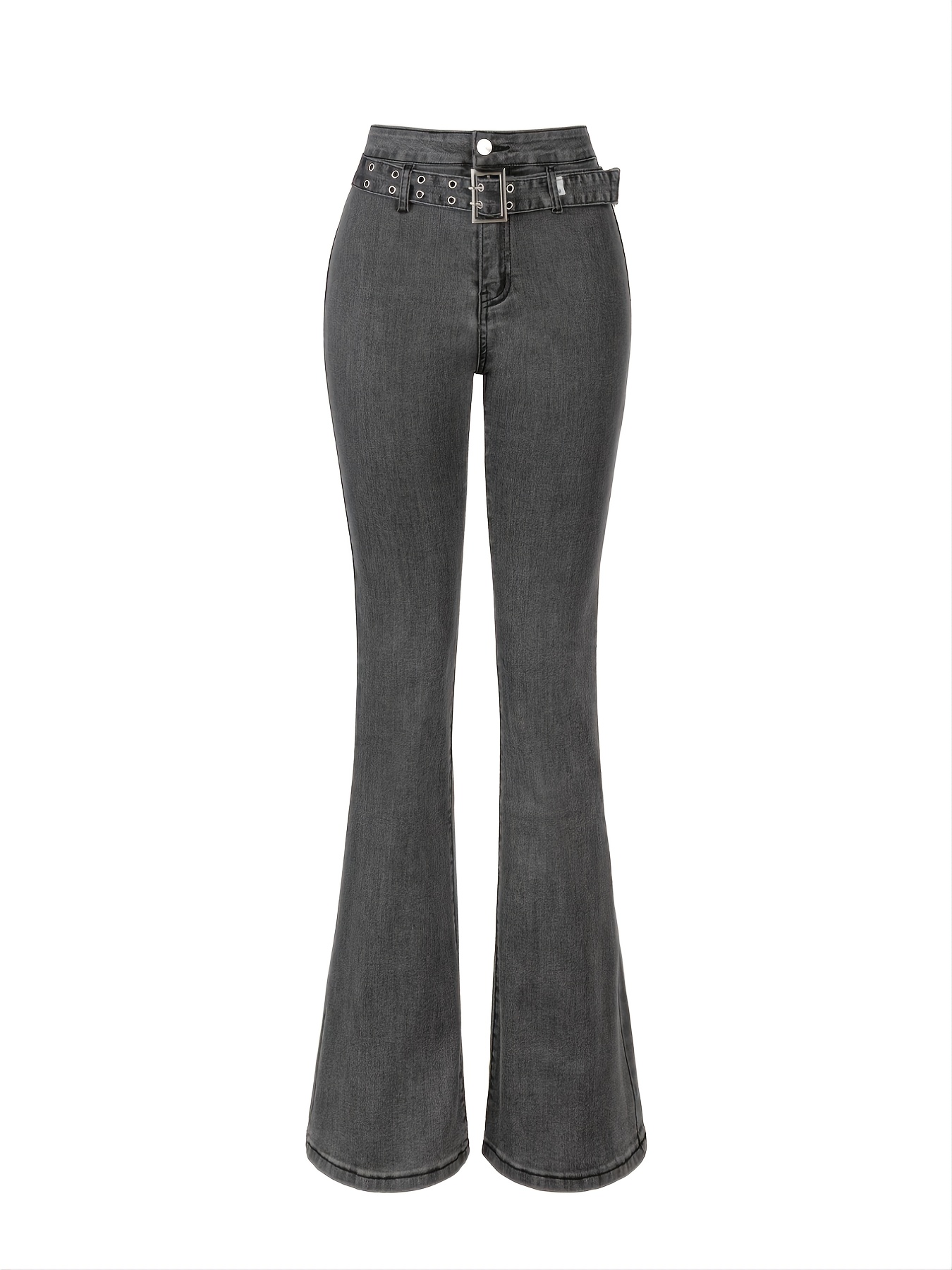 Dark Grey Casual Flare Jeans, Bell Bottom Slash Pockets Wide Leg Ripped  Denim Pants, Women's Denim Jeans & Clothing