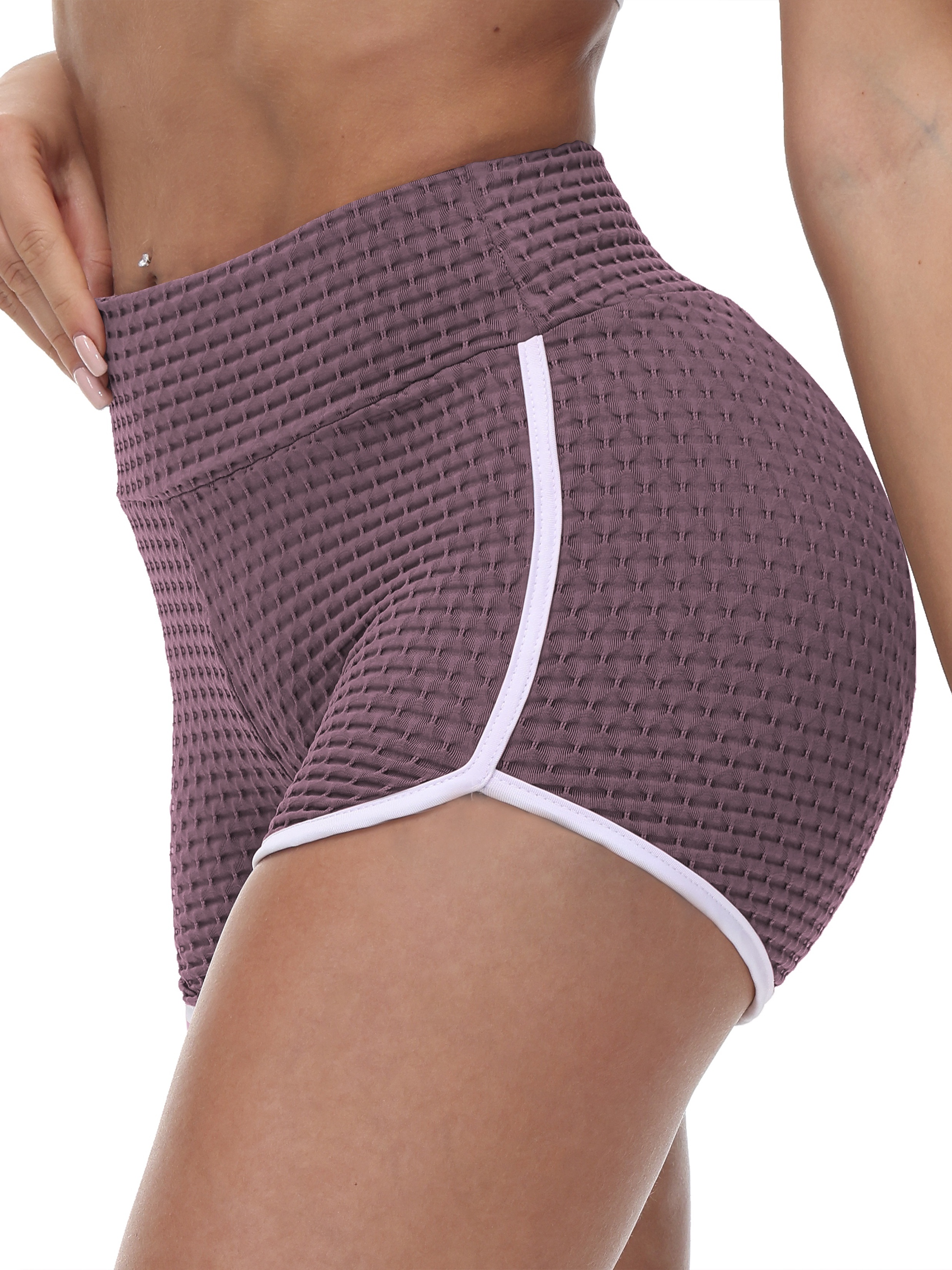 Solid Color Honeycomb Side Drawstring Shorts, High Stretchy Seersucker  Fabric Yoga Shorts, Women's Activewear