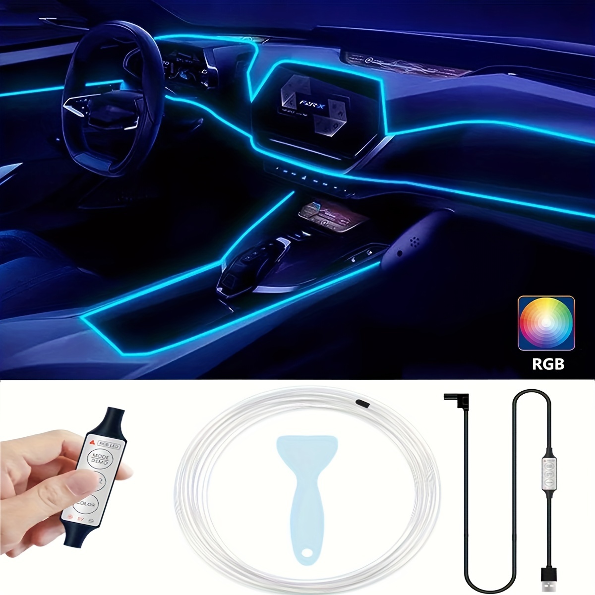 Tira de luz LED para automóvil, luces interiores RGB 5 en 1 con fibra  óptica de 236.22 pulgadas, kits de iluminación interior ambiental  multicolor