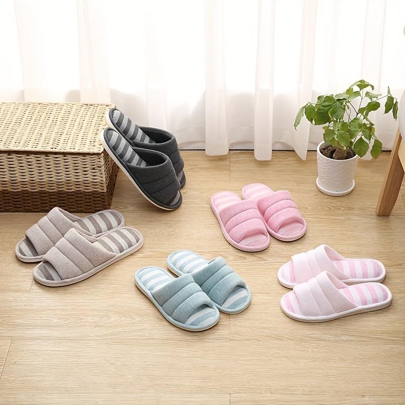 Women House Indoor Slippers Home Winter Warm Linen Plaid Shoes