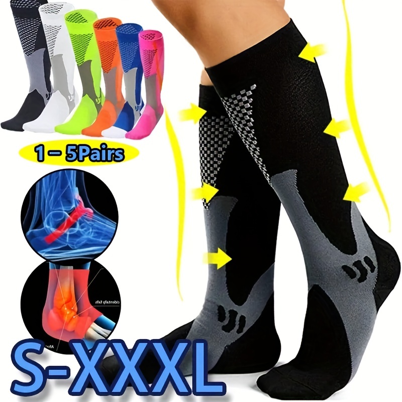 4 pares de calcetines de compresión para mujer y hombre, unisex, 20-30 mmHg  hasta la rodilla, tallas grandes, pantorrillas anchas para volar y correr