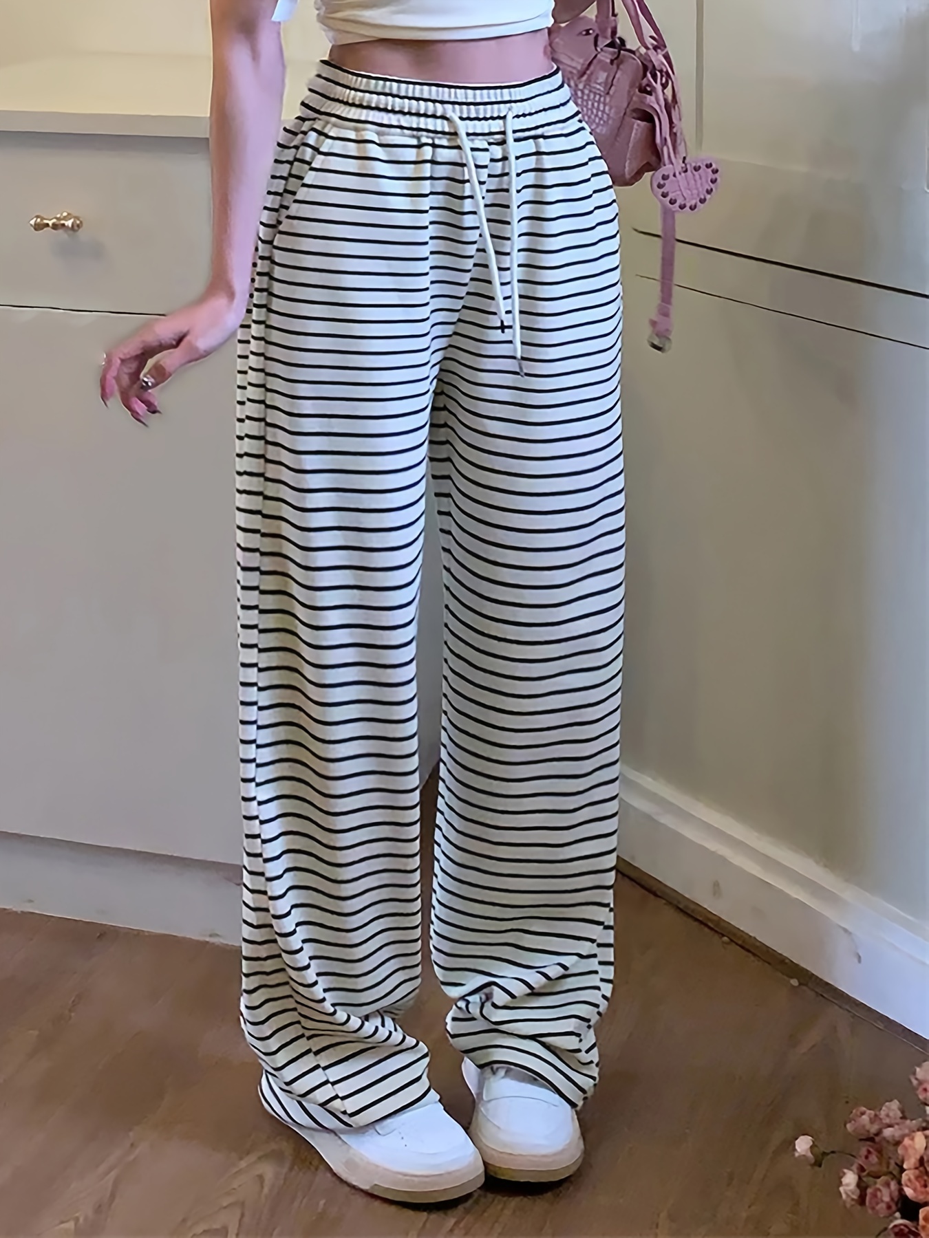Striped Print Wide Leg Pants, Elegant Paper Bag Waist Pocket Pants, Women's  Clothing
