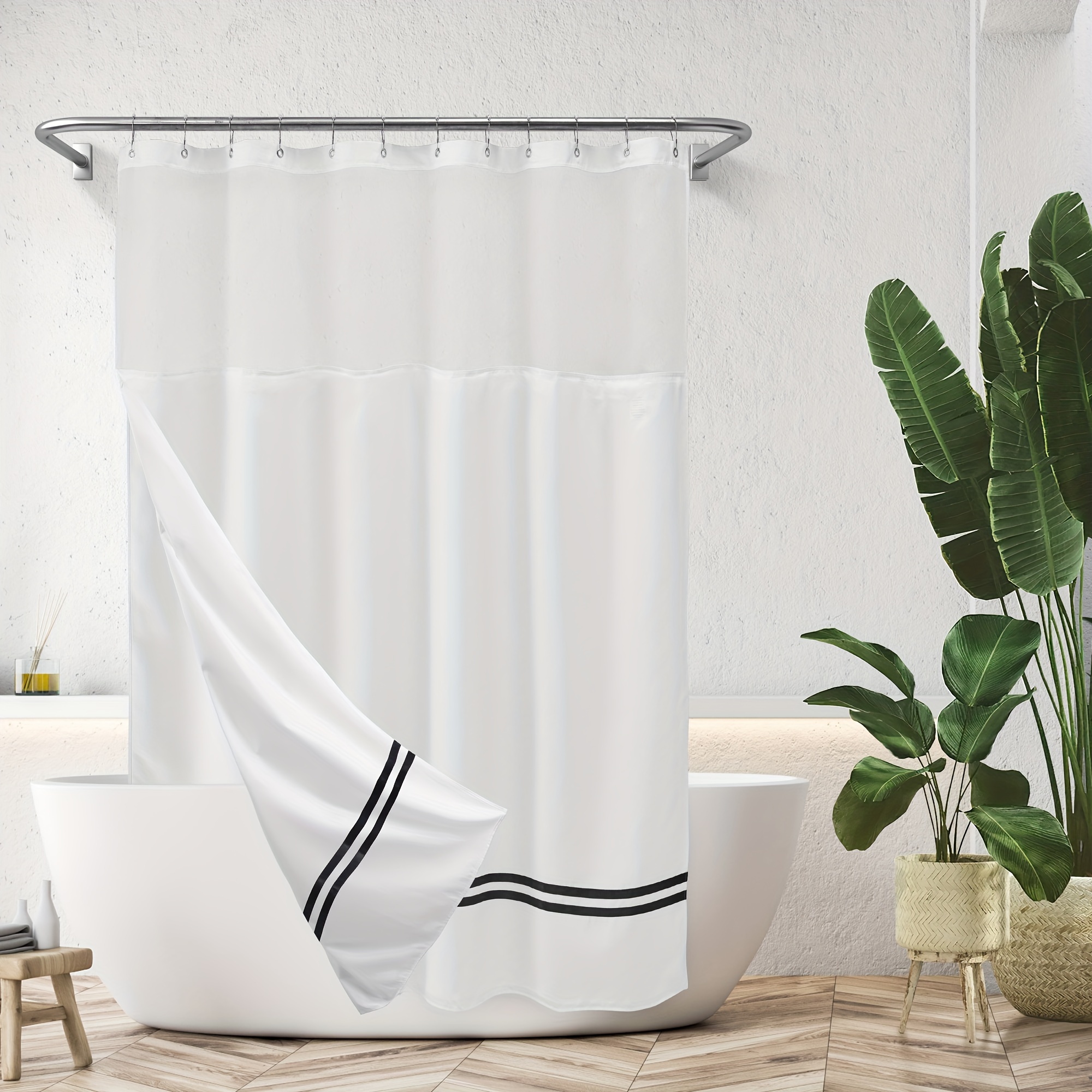 Cortina de ducha extra larga sin gancho con forro de tela a presión,  cortinas de baño resistentes con ventana transparente, lavable a máquina e