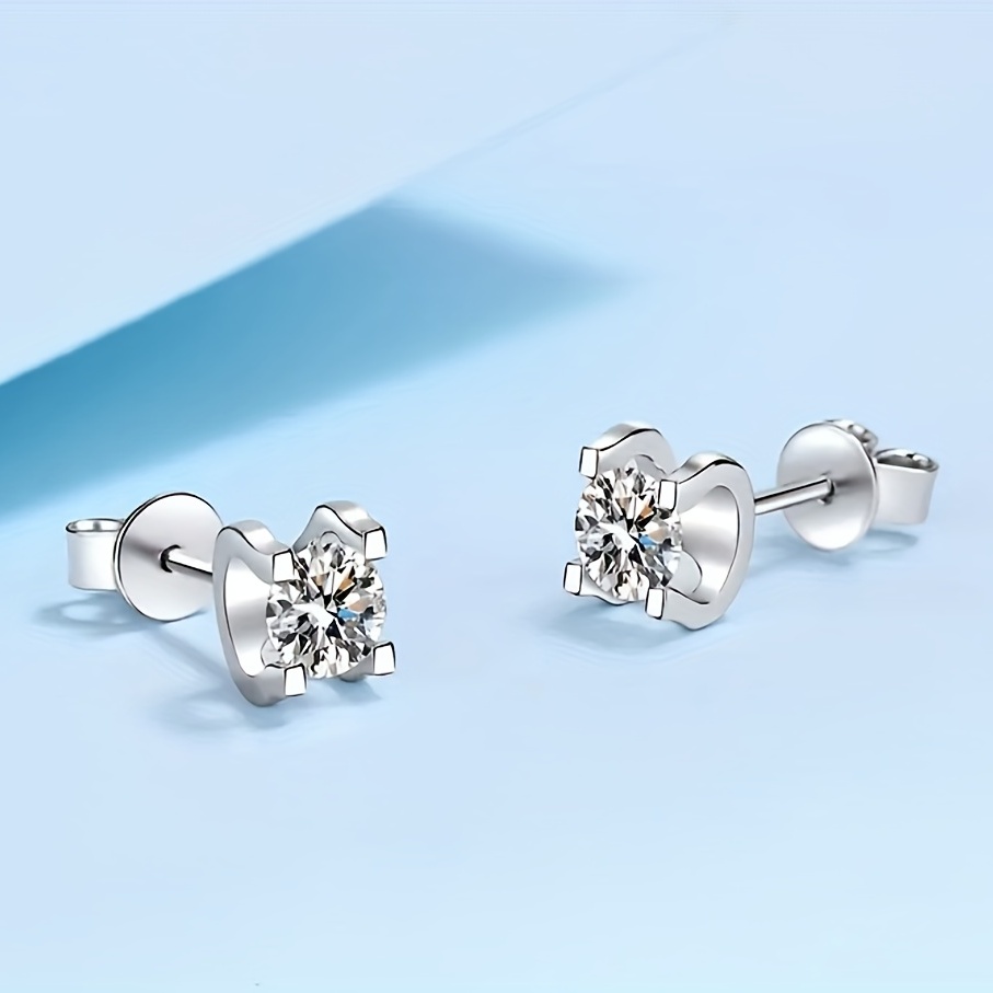 Diamond Stud Earrings, 0.5, 1 & 2 Carat Man Made Diamond Simulant Studs,  14k White Gold Plated Silver 3 Prong Set, Birthday Gift With Box 