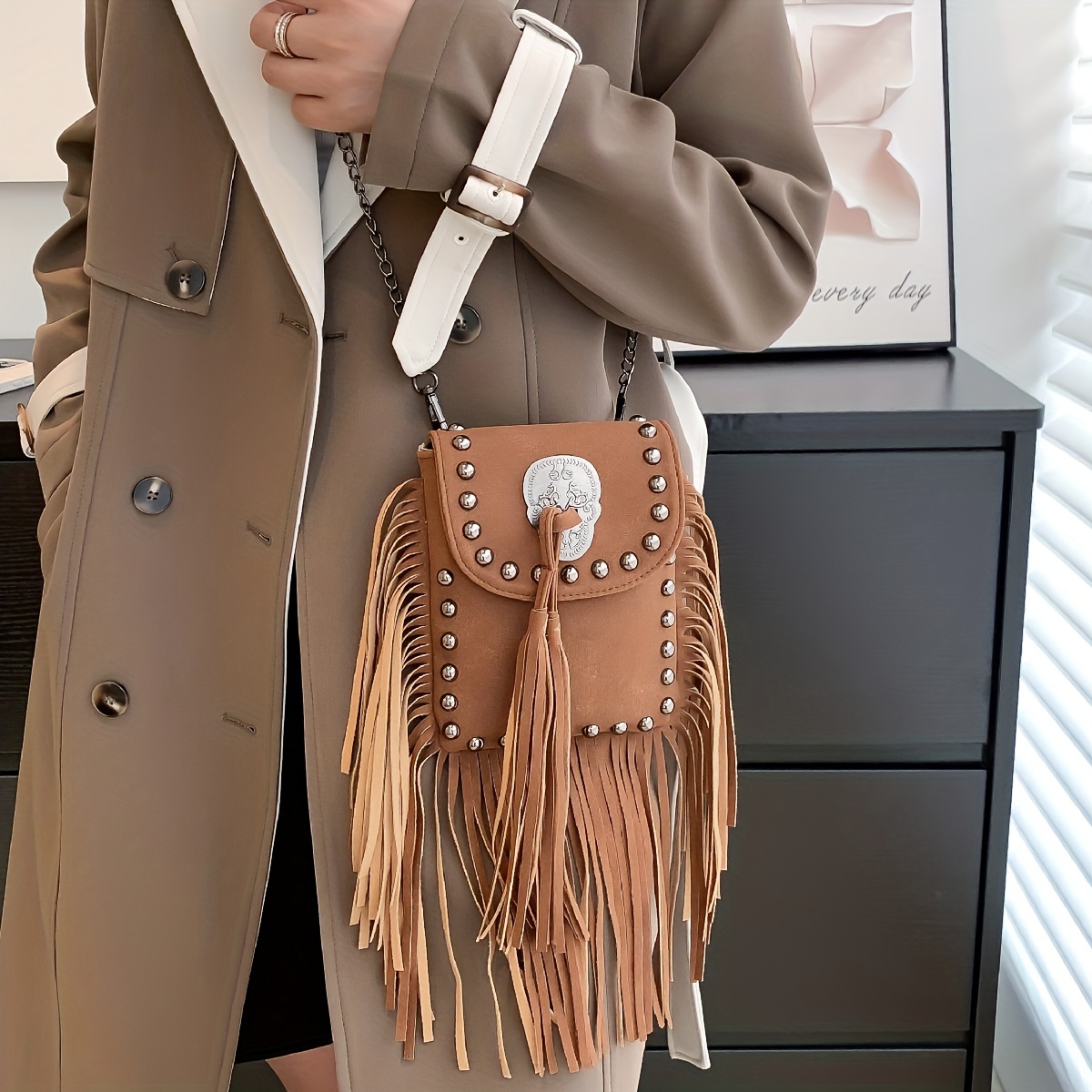 Fashion Vintage Suede Fringe Crossbody Bag, Boho Style Shoulder Bag, Tassel  Decor Square Purse Casual Messenger Bag For Travel & Every Day, Portable