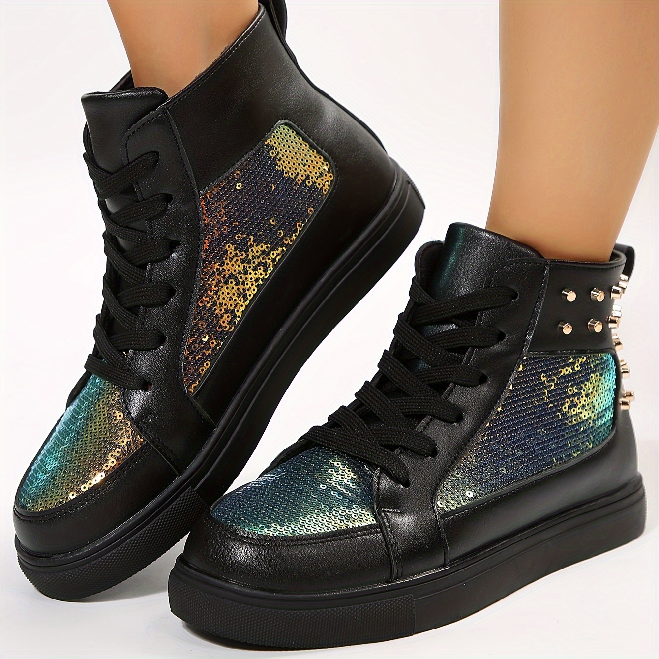 Women's Sequin Decor Sparkly Wedge Shoes, Fashion Lace Up Sneakers, Comfy  Thick Bottom Walking Shoes