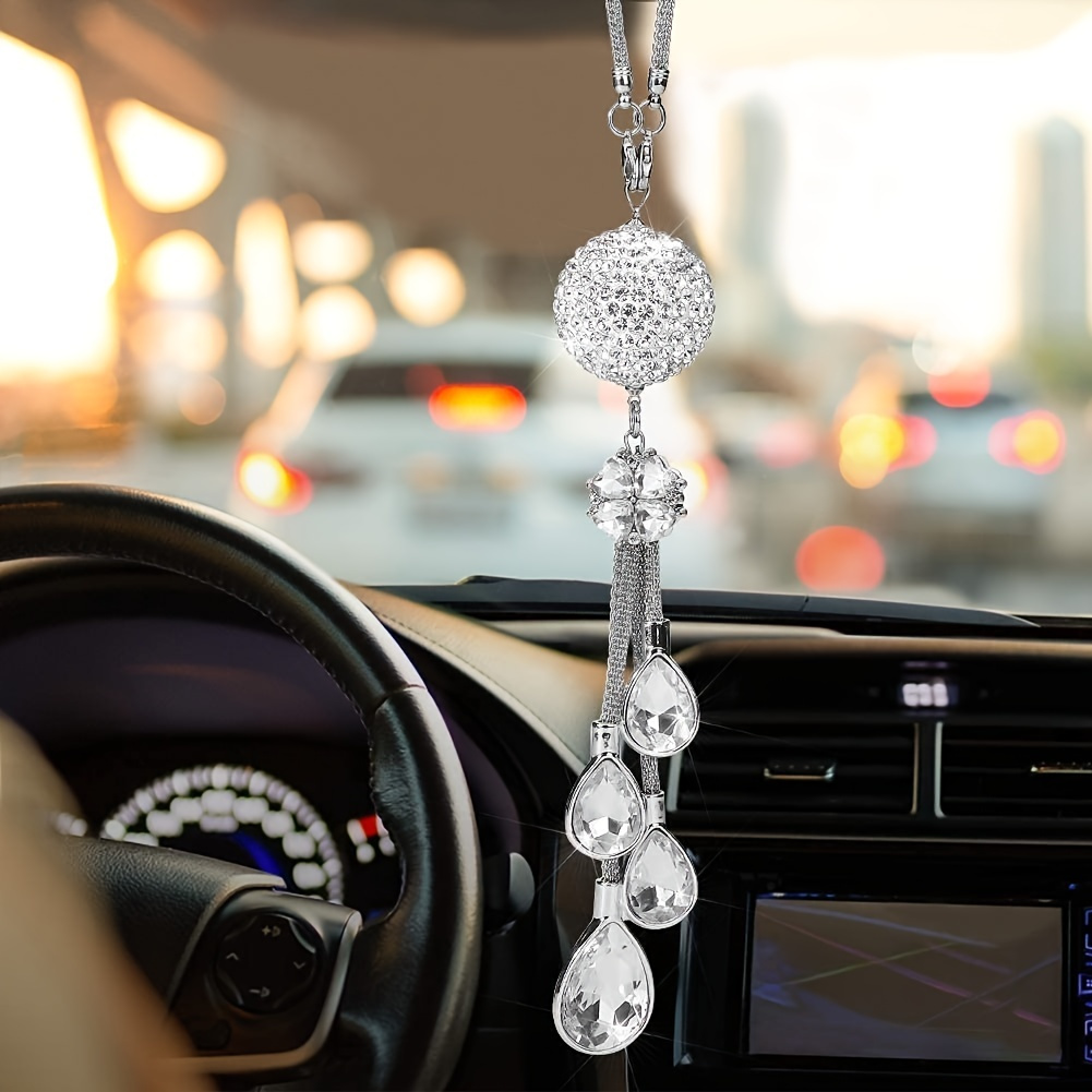 Bling Car Accessories for Women,Diamond Crystal White Heart Car Rear View  Mirror Charms Prism Car De