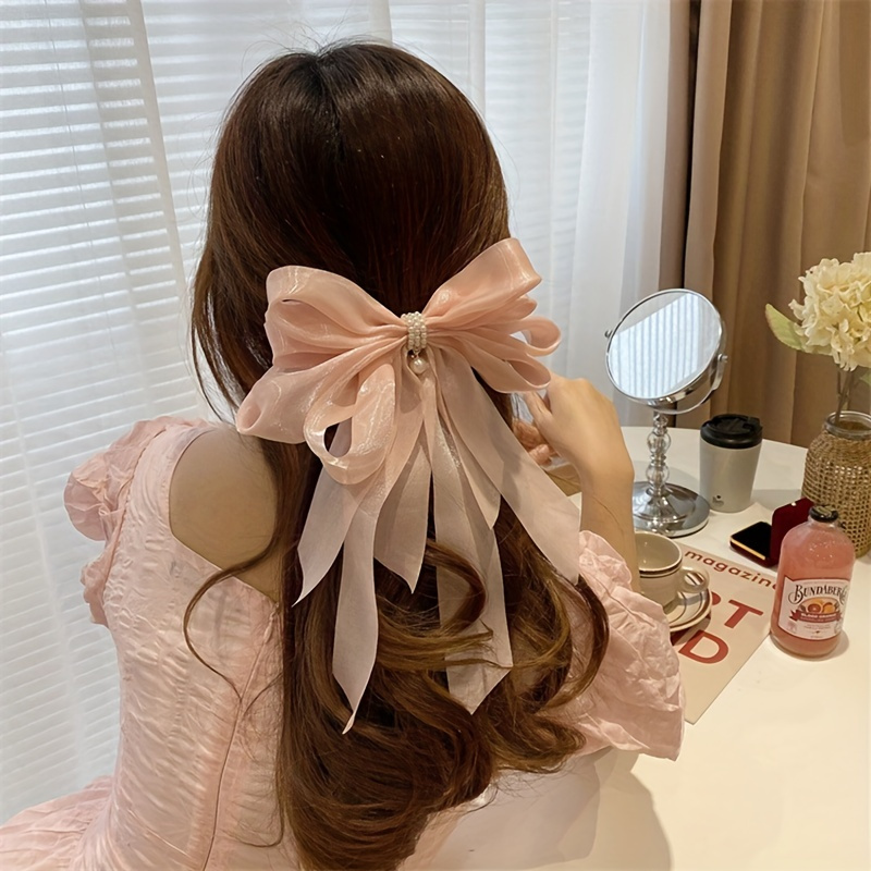 2PCS White Silky Satin Hair Bows Hair Clip Beige Hair Ribbon Ponytail  Holder Accessories Slides Metal Clips Hair Bow For Women Girls Toddlers  Teens Kids For Daily, Wedding,Party
