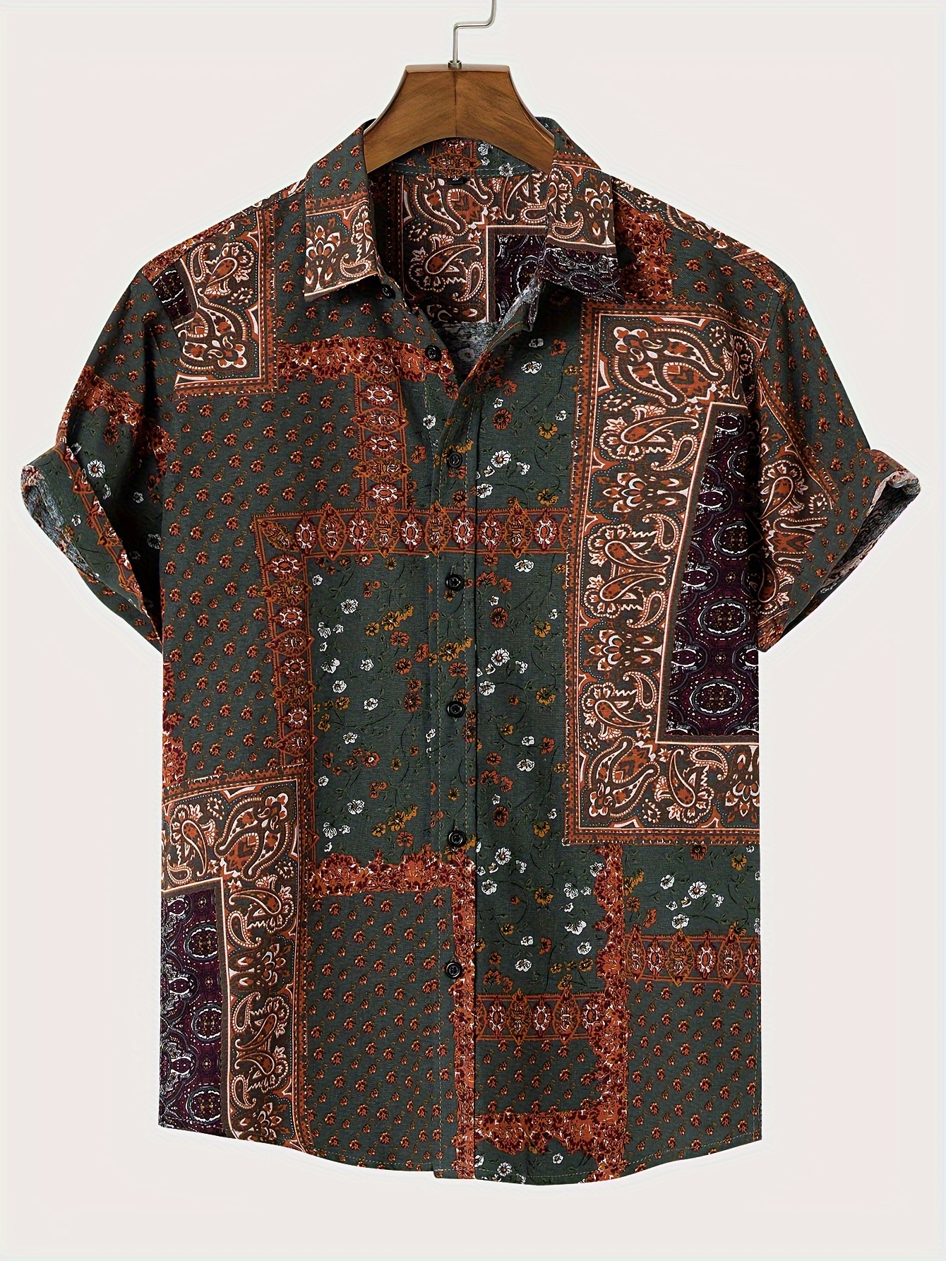 Mens floral printing ethnic style cotton outlet shirts short sleeve loose casual shirt tops