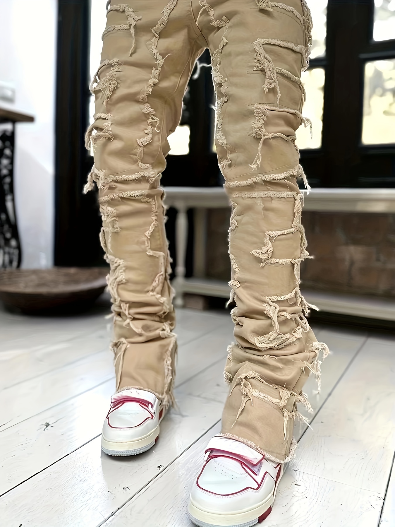 Distressed khaki deals jeans