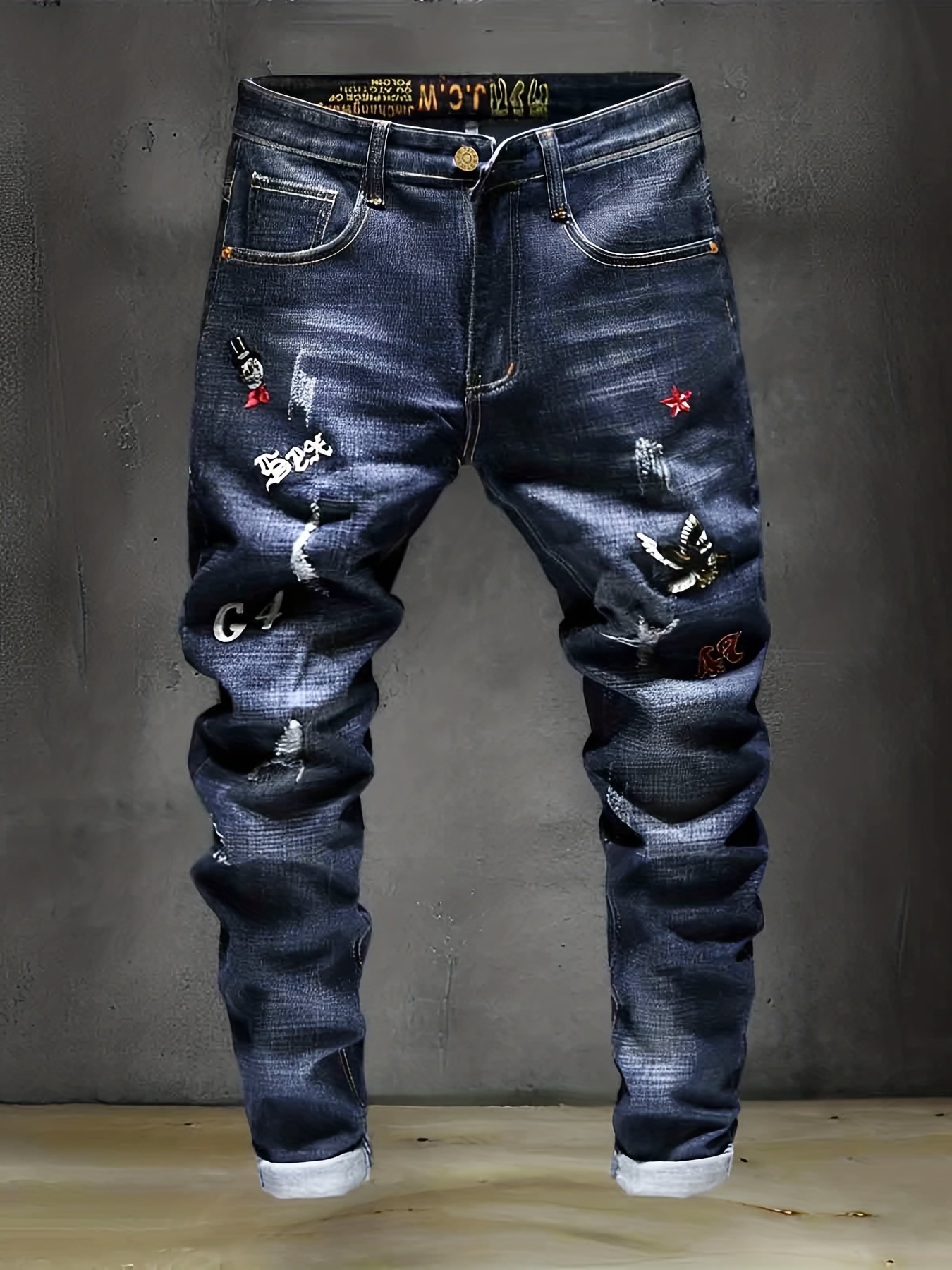 Men's Birds Embroidered Denim Jeans Trendy Slim Straight - Temu Canada