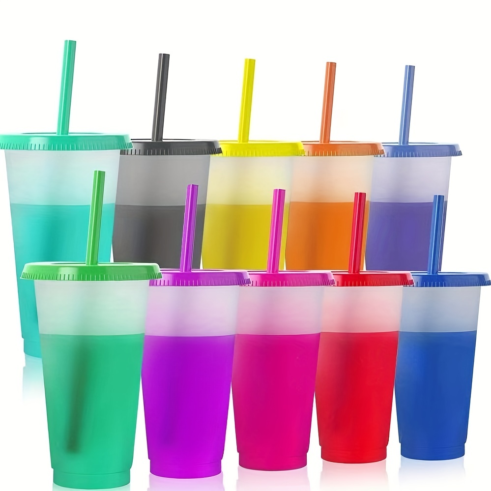 12oz Plastic Kids Cups with Lids & Straws - 7 Pack Reusable Color Changing  Cups Adults Drinking Cup
