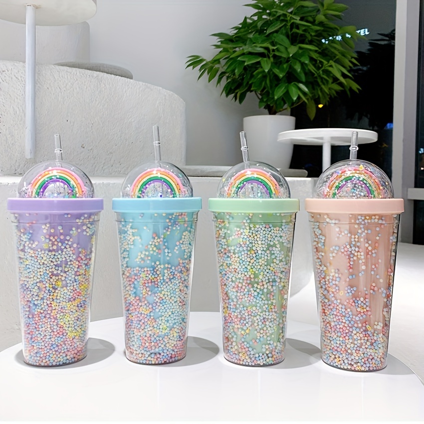 Straw Cup Sequined Glitter Cup Colorful Coffee Juice Straw Mug Simple Cute  Creative Plastic Bottom Outdoor Portable Cup