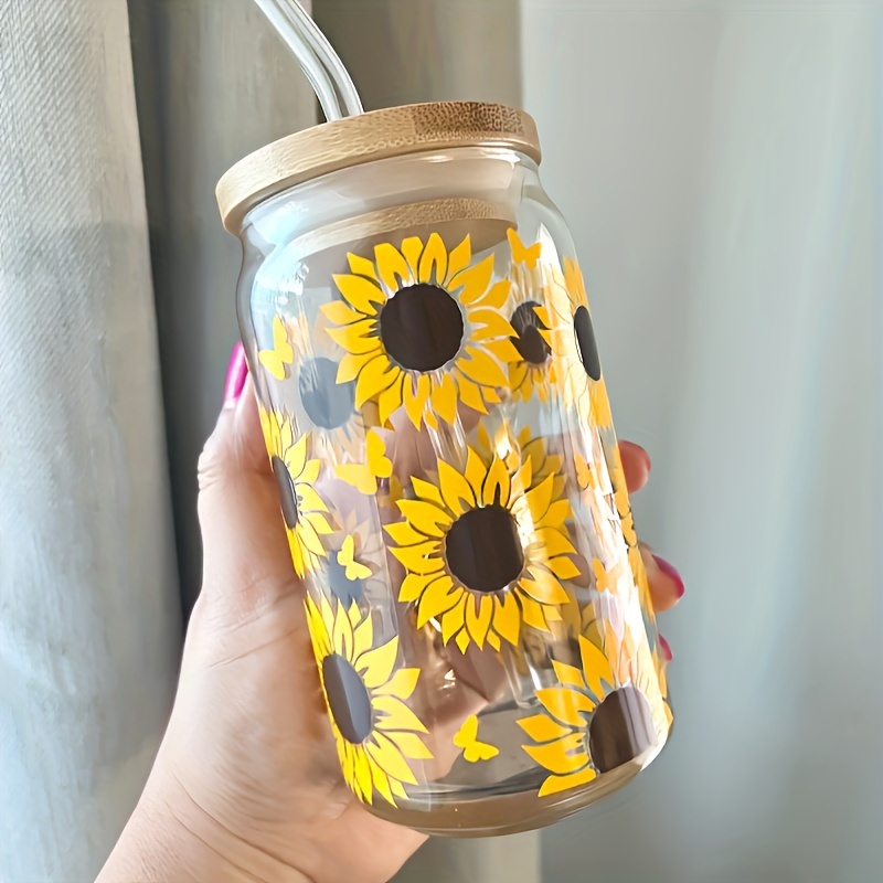 Sunflower Embossed Glass Cup, Wide Mouth Glass Cup With Wooden Lid And  Spoon, Coffee Mug For Outdoor Camping, Picnic, Home, Fitness - Temu