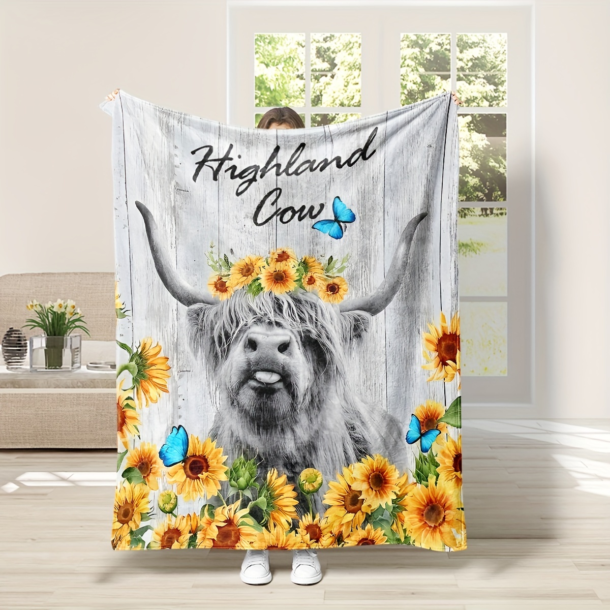 Farmhouse Cow Highland Cow Sunflower Flannel Blanket Soft - Temu