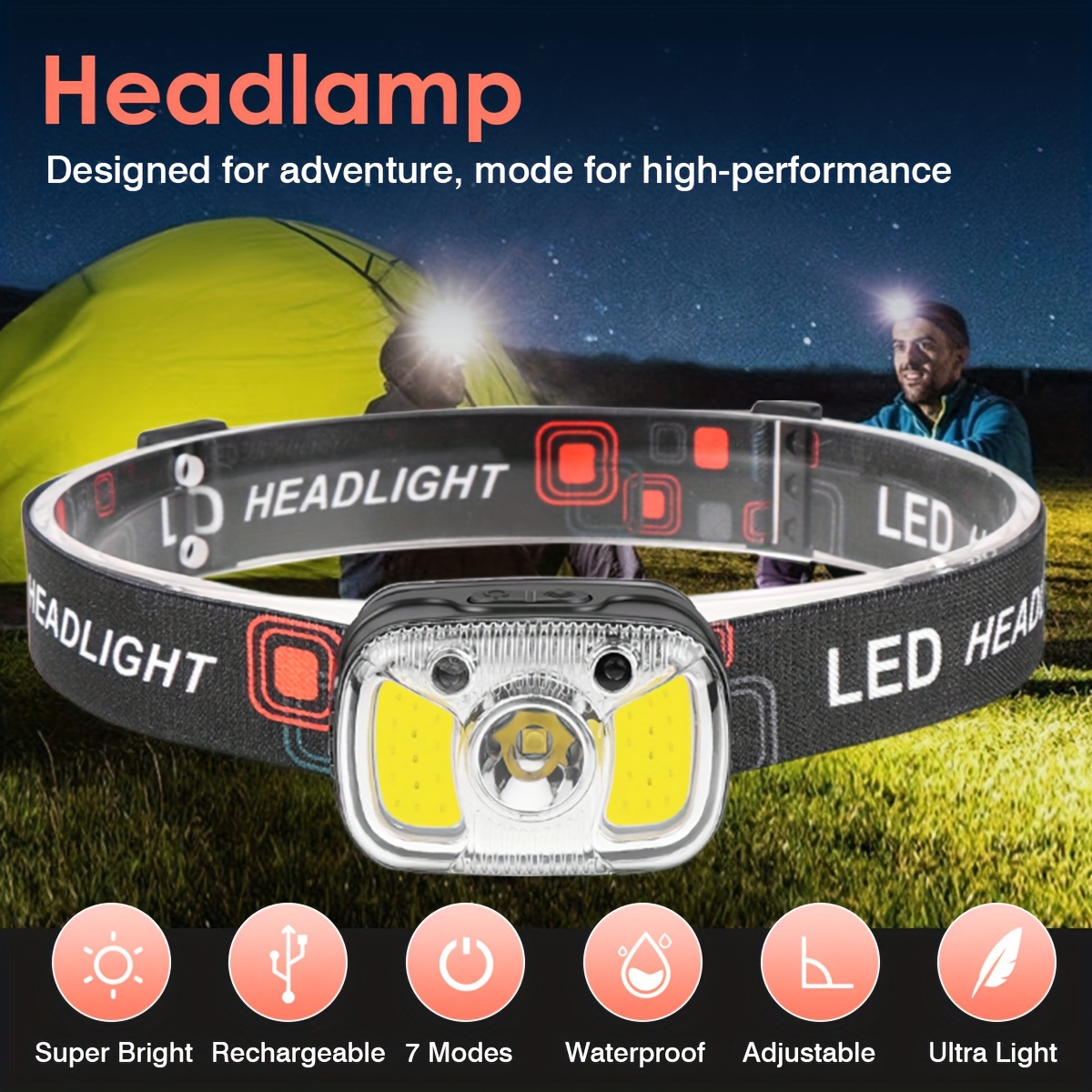 Lampe frontale LED COB avec capteur de batterie 18650 intégrée, 2 pièces,  Rechargeable par USB, affichage de puissance, lampe-torche pour la pêche