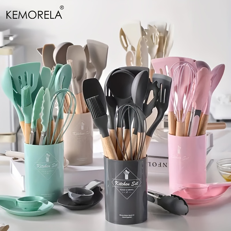 Utensili da cucina in silicone Set di utensili da cucina - 446 ° F Manici  in legno resistenti al calore Utensili da cucina grigi Set di strumenti per  pentole antiaderenti (Rosa-12pcs) 