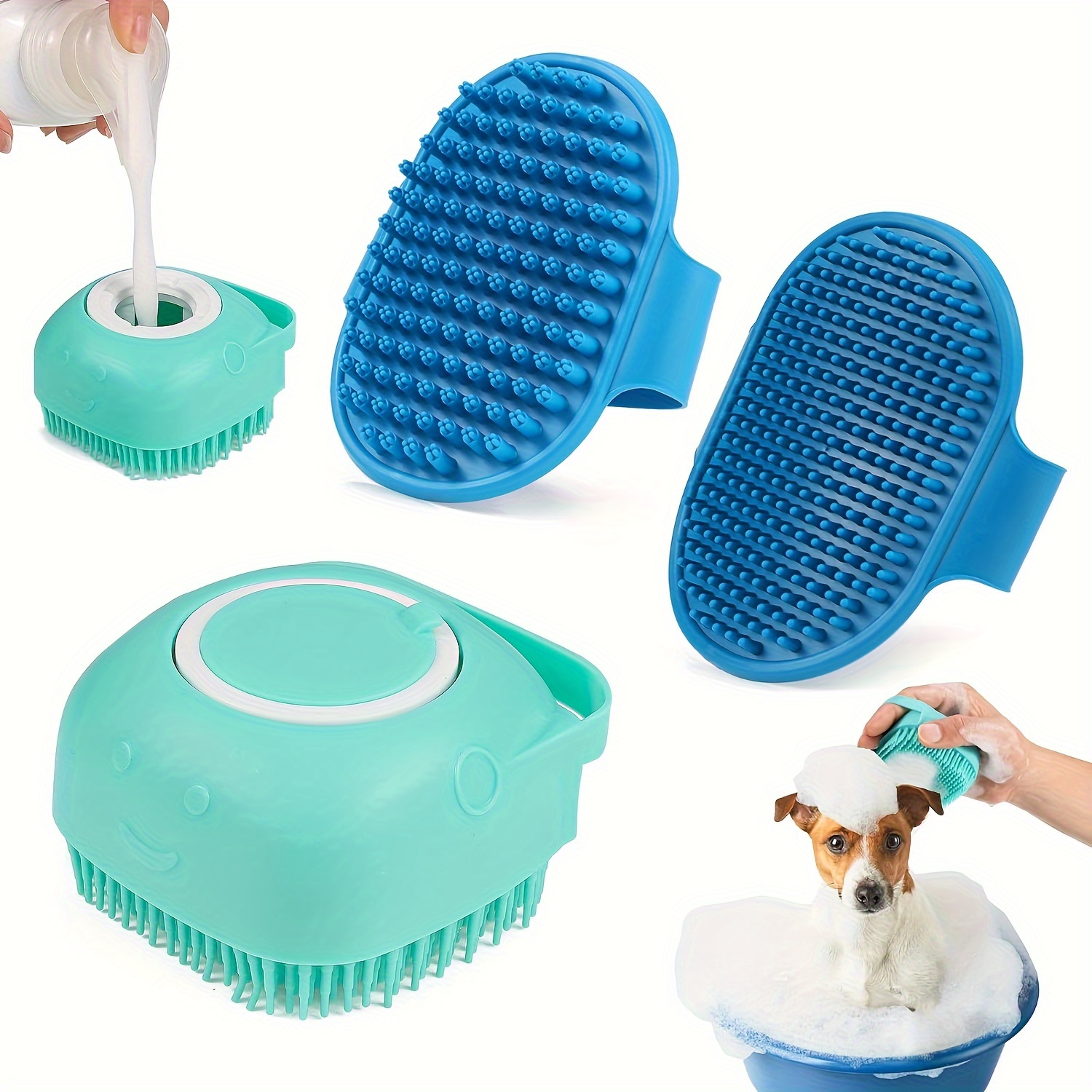 Misthis Portable Dog Bath Brush - Pet Massage Brush Shampoo Dispenser Soft  Silicone Brush Rubber Bristle for Dogs and Cats Shower Grooming (Blue)