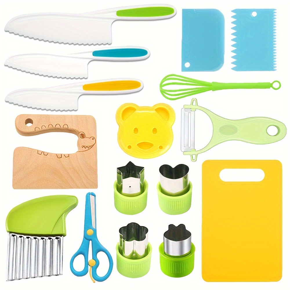  12Pcs Kids Knife Set for Real Cooking, Montessori Kitchen Tools  for Toddlers, Plastic Safe Cooking Utensils with Knives Crinkle Cutter,  Cutting Board Dinosaur Wooden Knife Fruit Sandwich Peeler Molds : Toys