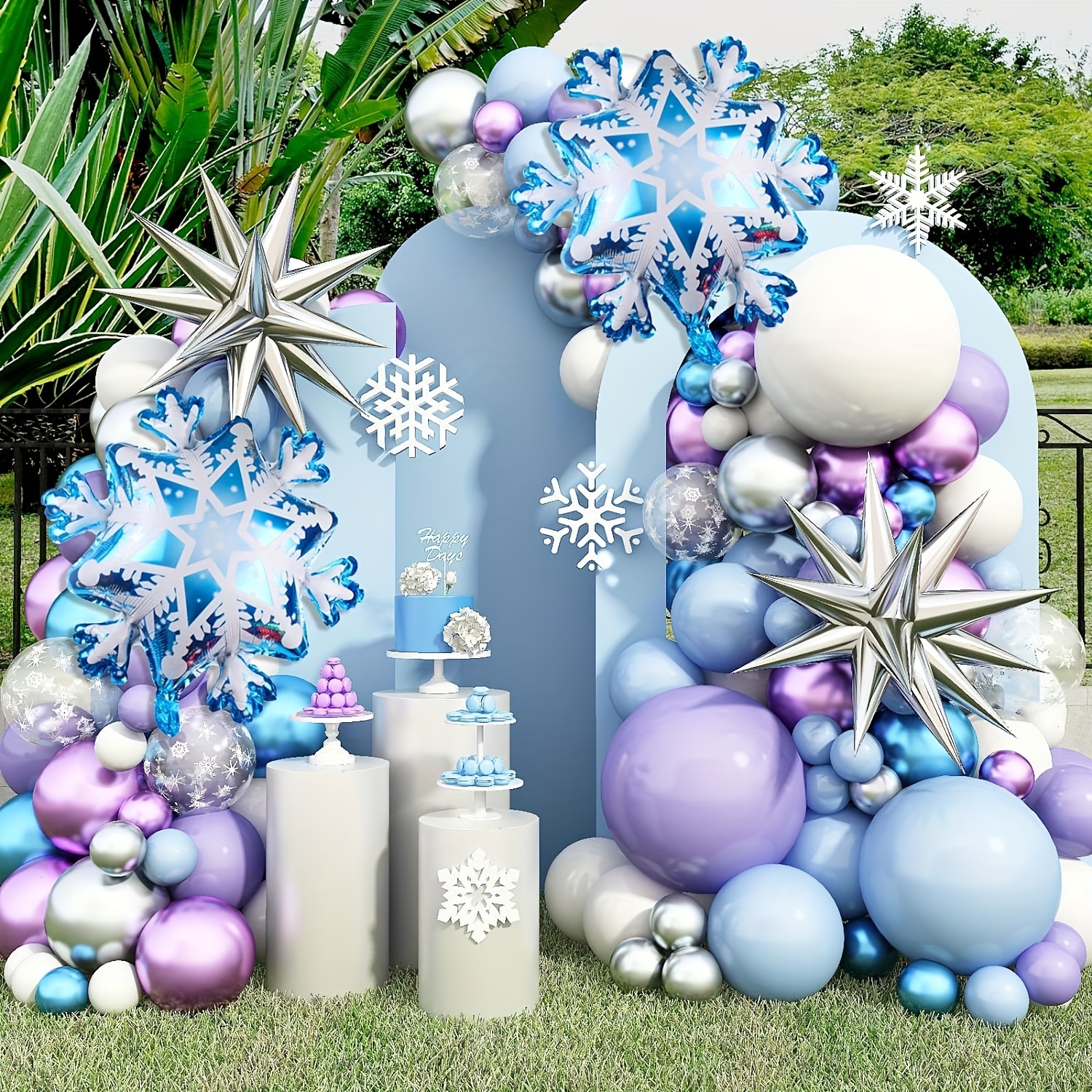 Decoraciones de fiesta de cumpleaños de Frozen, decoraciones de fiesta de  Frozen, incluye arco de globos de copo de nieve, telón de fondo del país de
