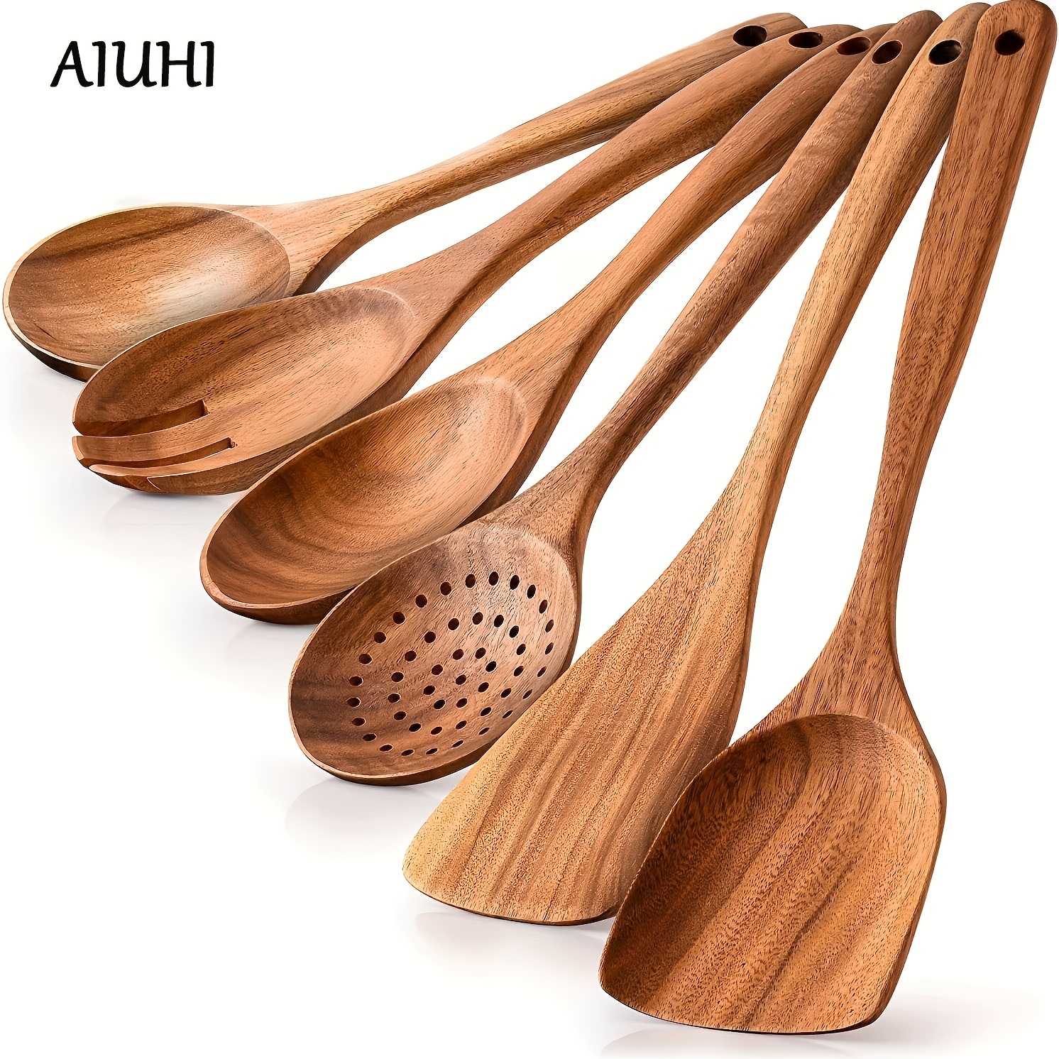 Juego de utensilios de cocina de madera, cucharas de madera de teca para  cocinar, espátula de madera antiadherente para cocinar, paquete de 8