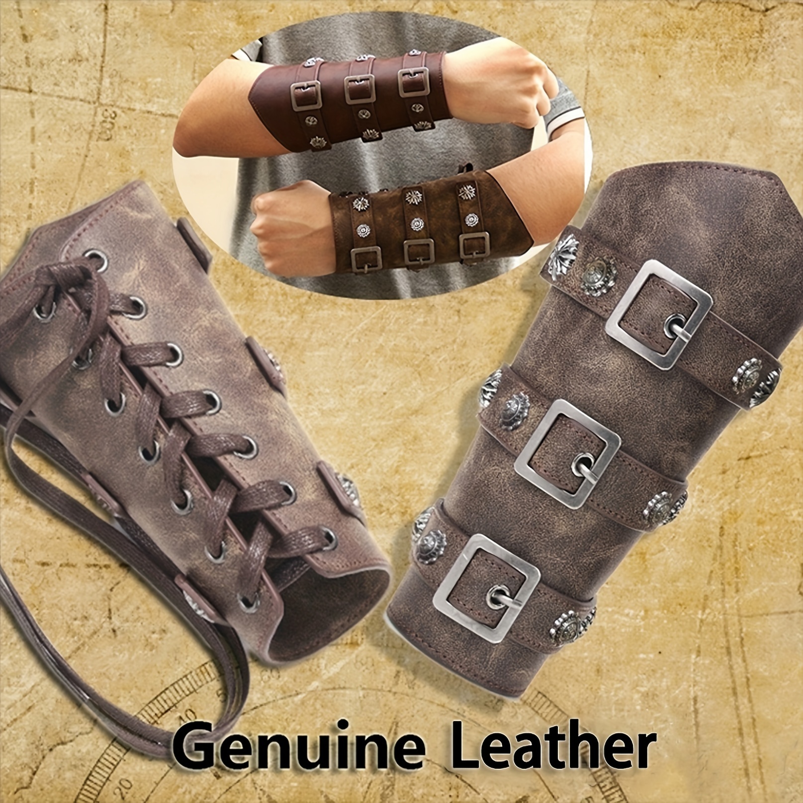 1pc 2pcs Renaissance Medieval Knight Viking Bracers Exquisite Pu Leather  Embossed Pattern Arm Guards Imitation Fur
