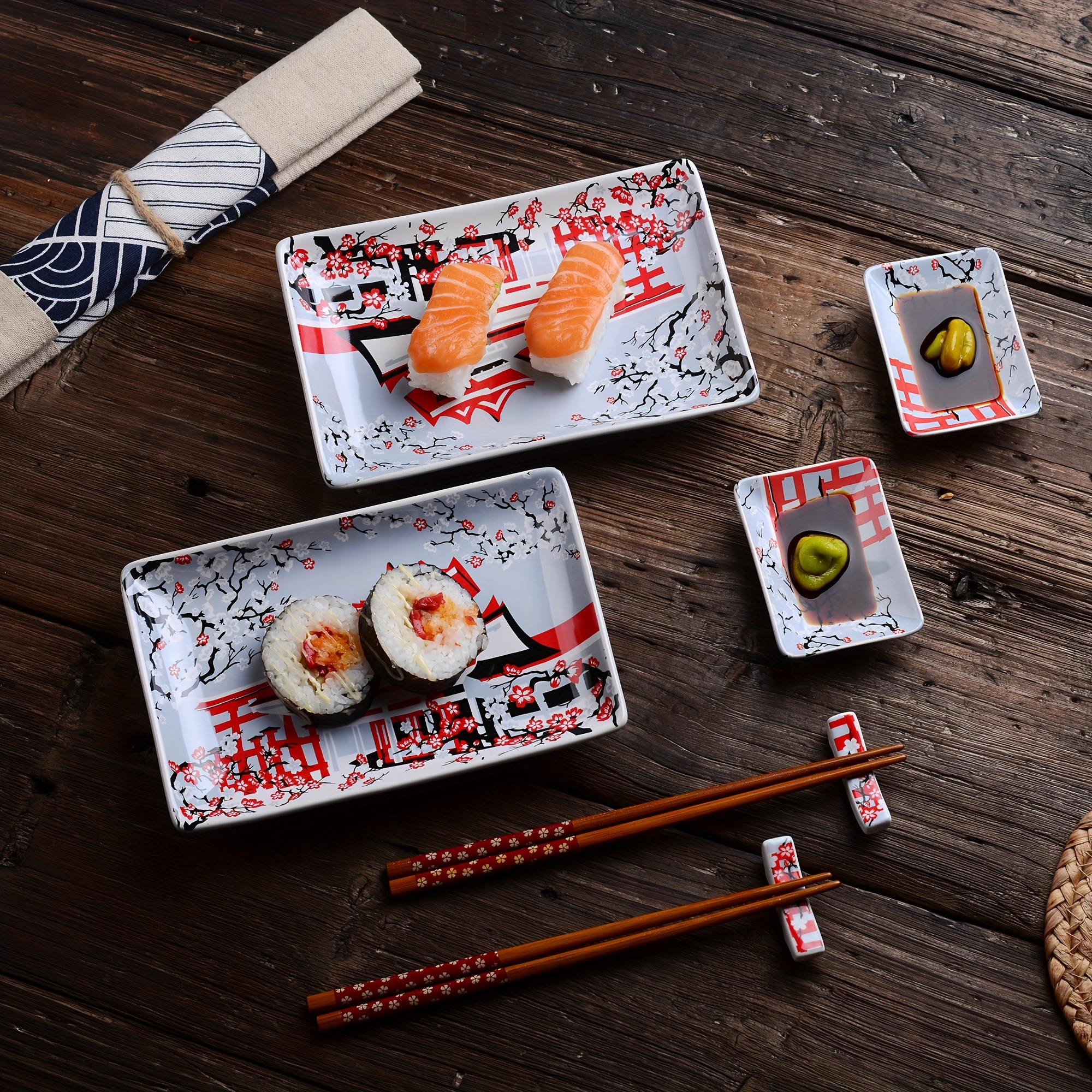 Japanese Style 6 Pcs Perfect Sushi Set for Two Melamine Sushi Plates Sauce  Dish