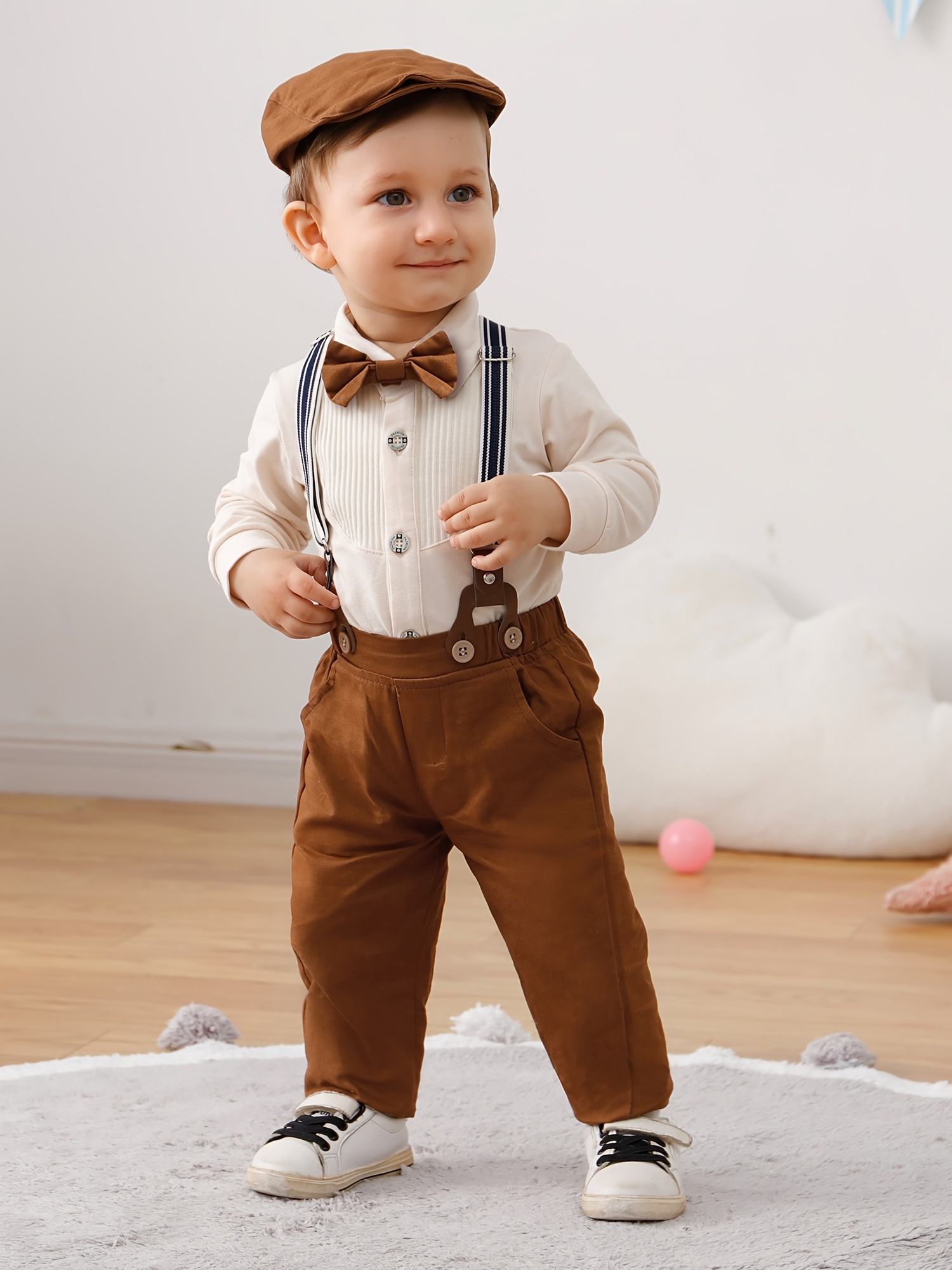 Costume bébé garçon en coton à manches longues col chemise denim bretelles  pantalon