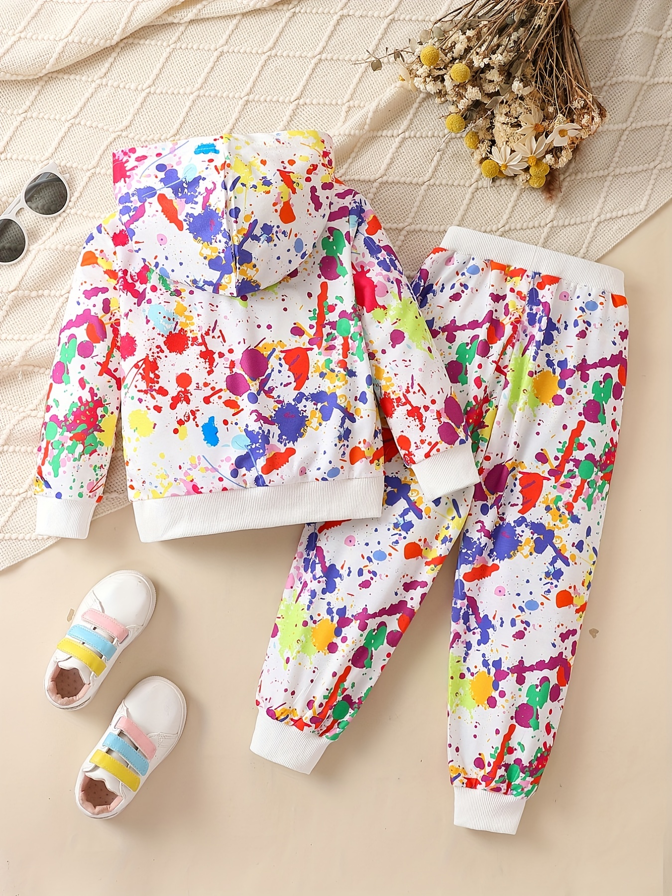 Girl's Paint Splash Pattern Outfit 2pcs, Portrait Print Hoodie & Sweatpants, Sports Pants Set, Kid's Clothes for Spring Fall,Temu