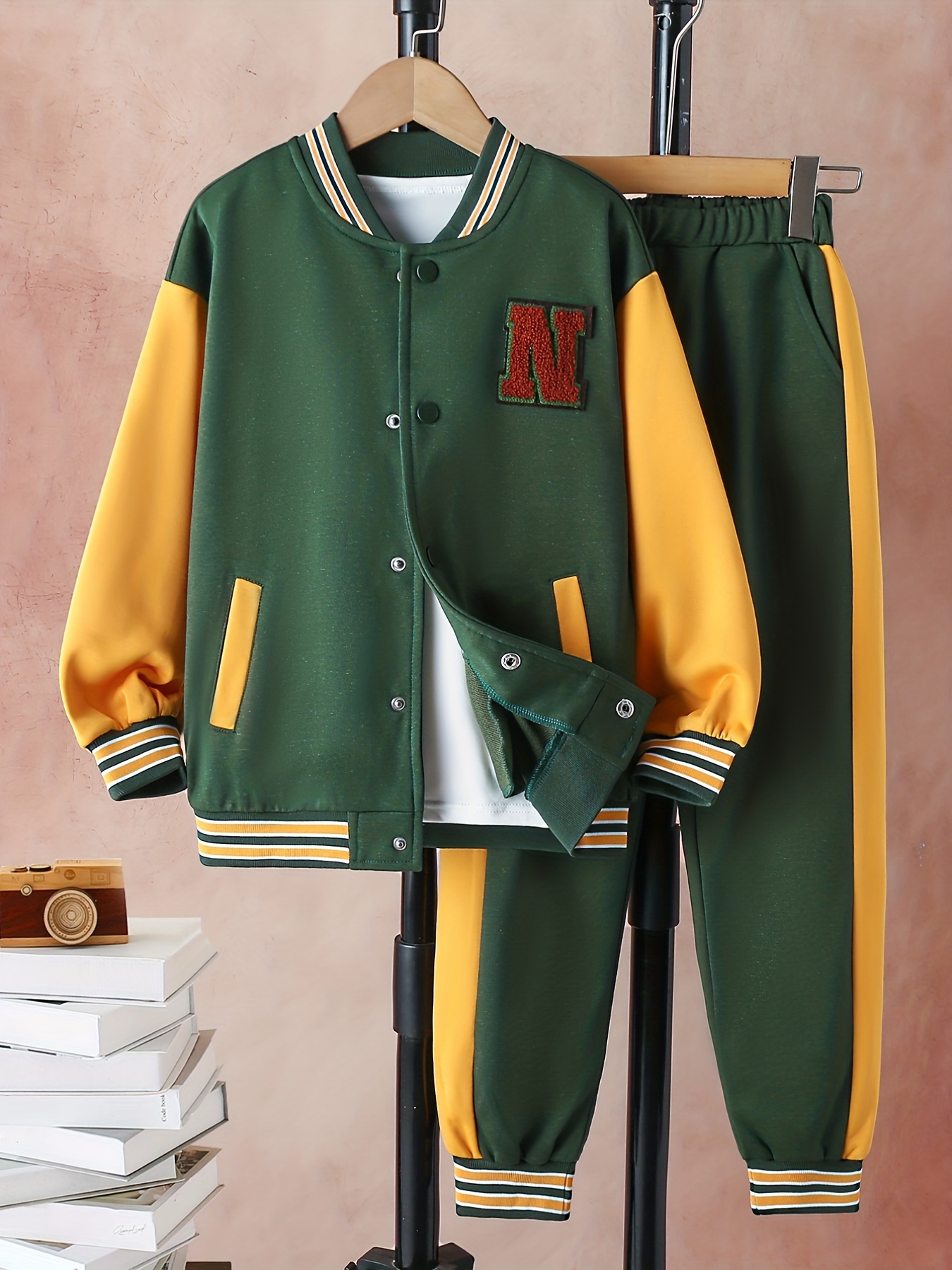 Girl's Preppy Style Outfit, Varsity Jacket & Tank Top & Corduroy Shorts  Set, Color Clash Button Front Coat, Kid's Clothes For Spring Fall - Temu  Germany