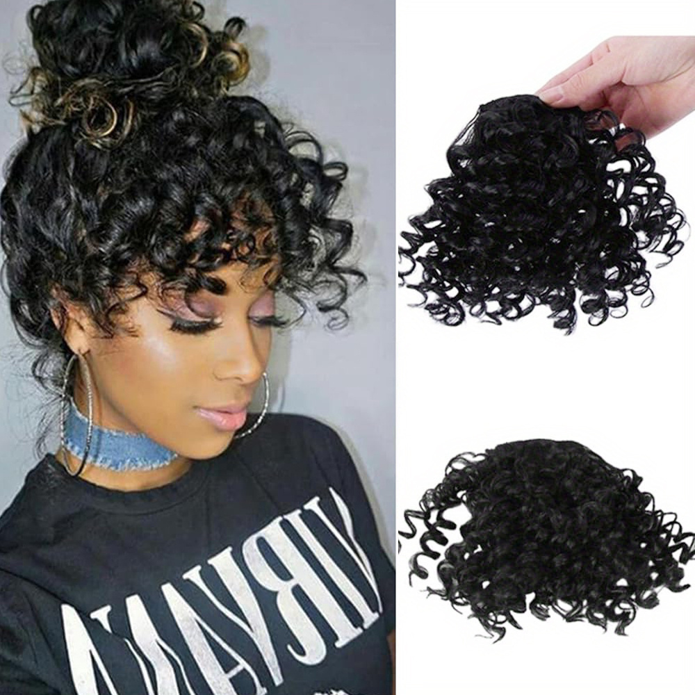 Women Black Fringe Bangs Natural Curly Wavy Fluffy Long Hair