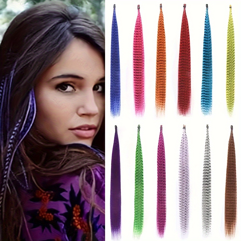 Colorful Feather Hair Extension Set 13 Colors 10pcs/pack Colorful Feather Striped Hair Extension High Temperature Fiber Hair Extension,Temu