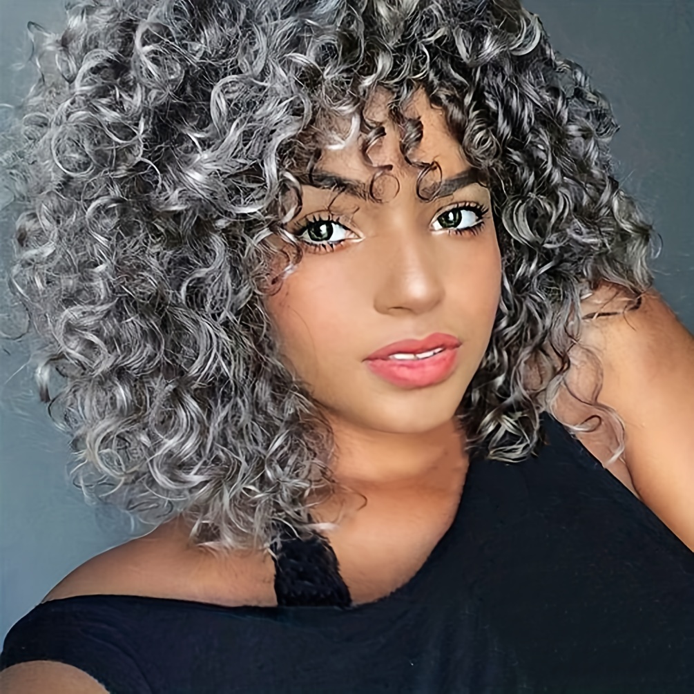 Gray Synthetic Afro Kinky Curly Wigs With Bangs For Women Synthetic Fiber Hair Replacement Wigs For Cosplay Party Daily Wear