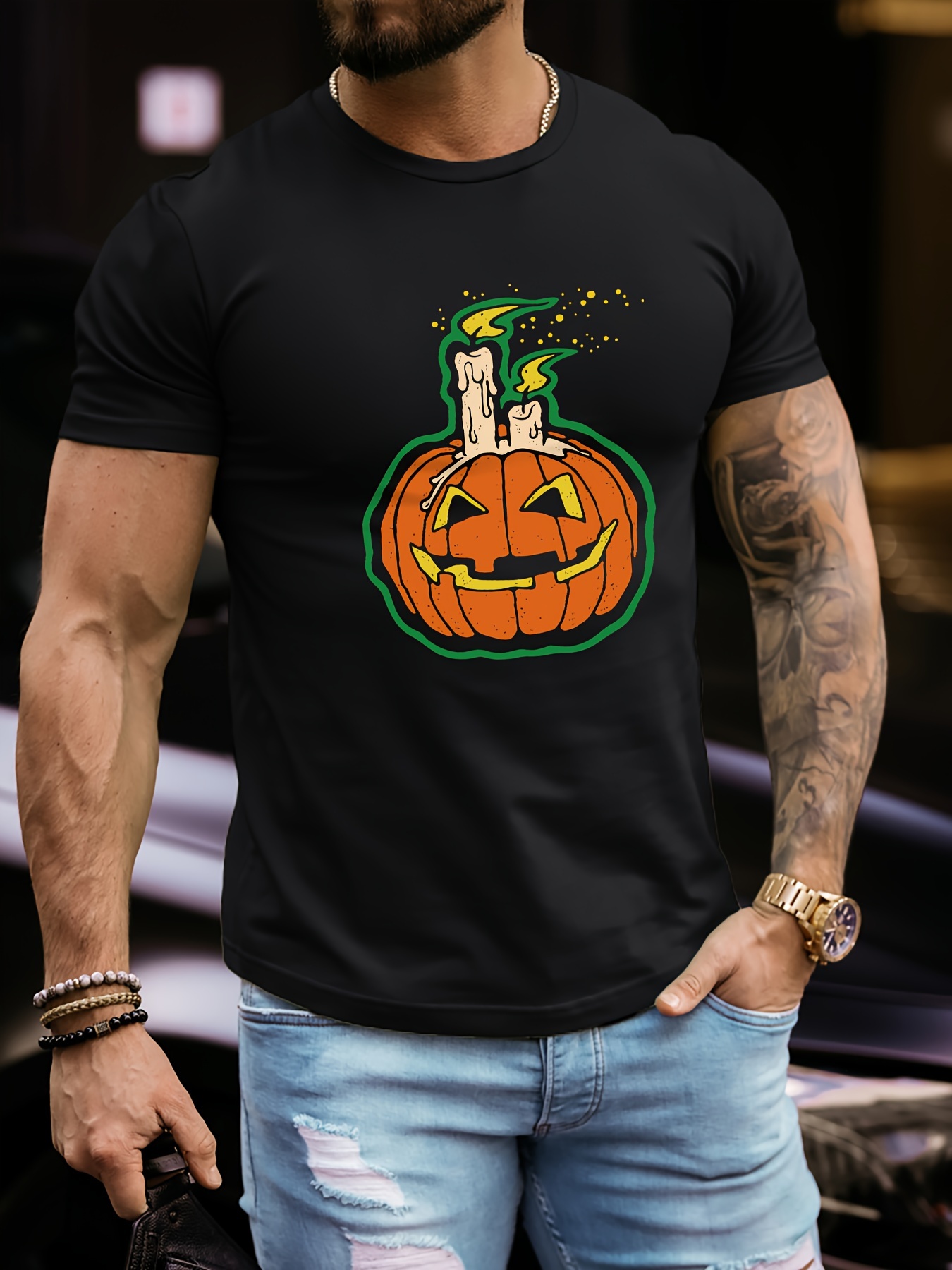 Let's Watch Scary Movies Skull Pattern Tee, Men's Casual Crew Neck