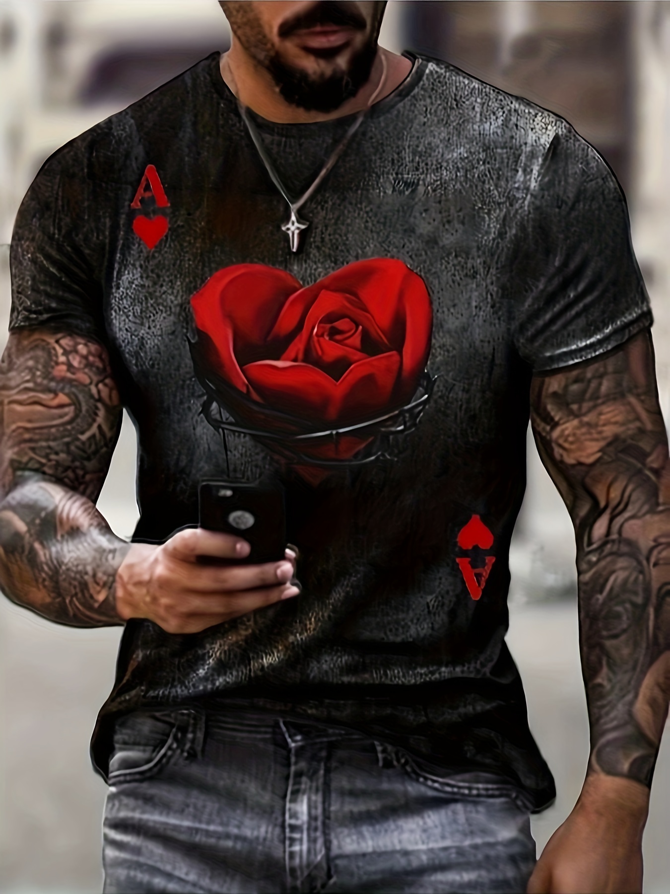 Men's Simple Rose Print T-shirt - Temu