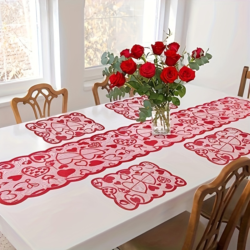 Valentines Day Table Runner and Placemats, 108 Inches Long Burlap Valentine  Table Decor, Red Heart Rectangle Valentine's Day Table Runners, Perfect