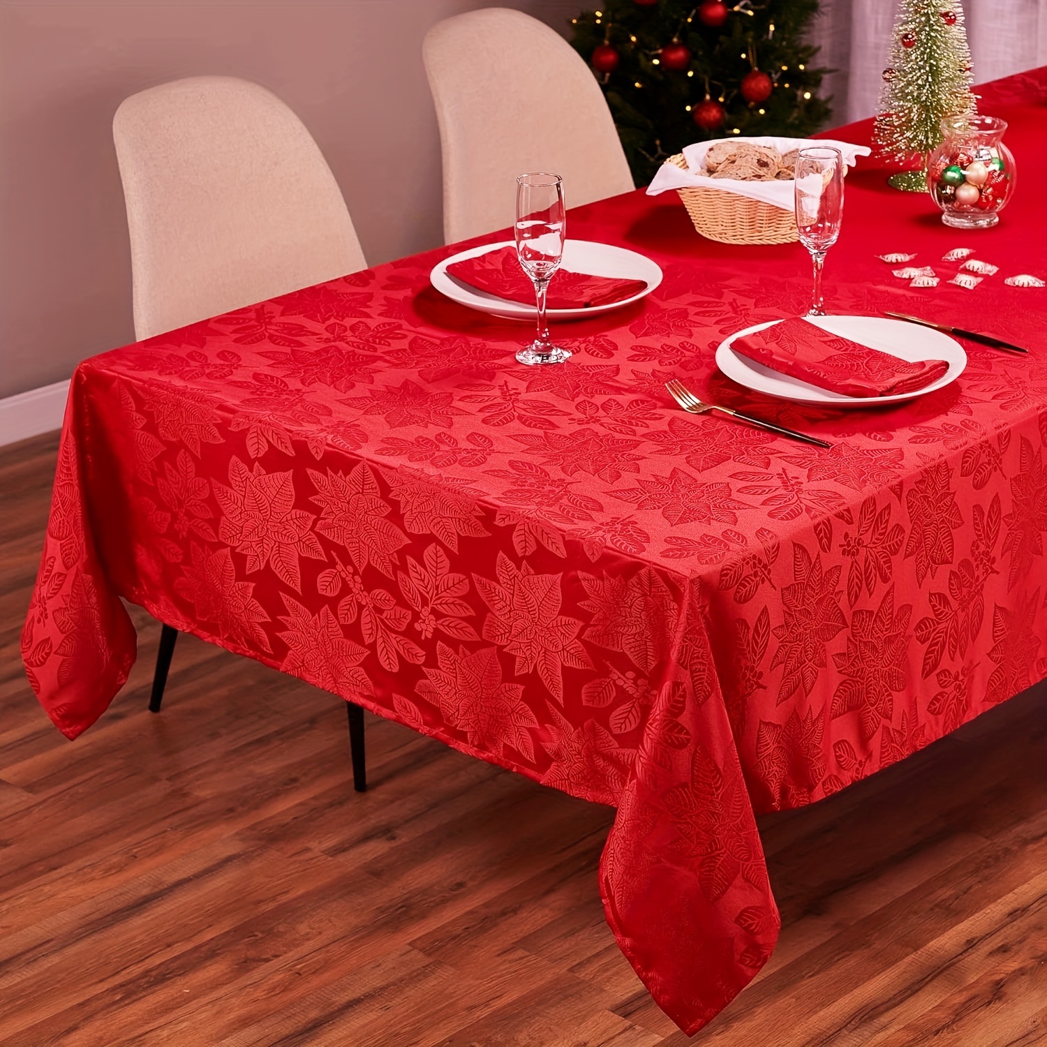 Trimming Shop Mantel redondo de poliéster para decoración de Navidad,  fiestas de comedor, banquetes, bodas, eventos de Navidad, 120 pulgadas,  rojo, 5