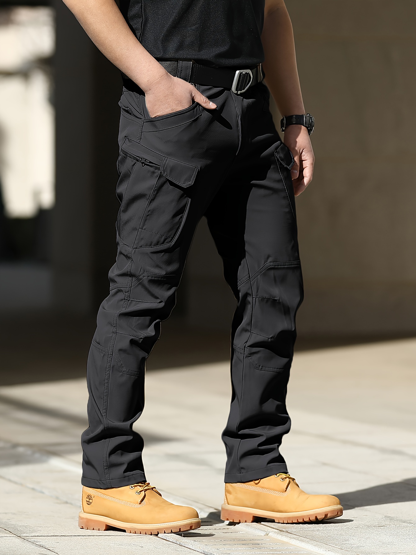 Side Flap Pocket Black Cargo Jeans High Solid Color - Temu