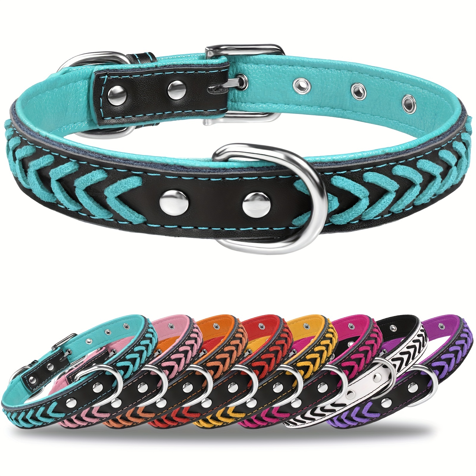 Taglory Leather Dog Collar Stylish Braided Padded Dog Collars With Double D Rings Dog Collars For Small Medium Large Dog