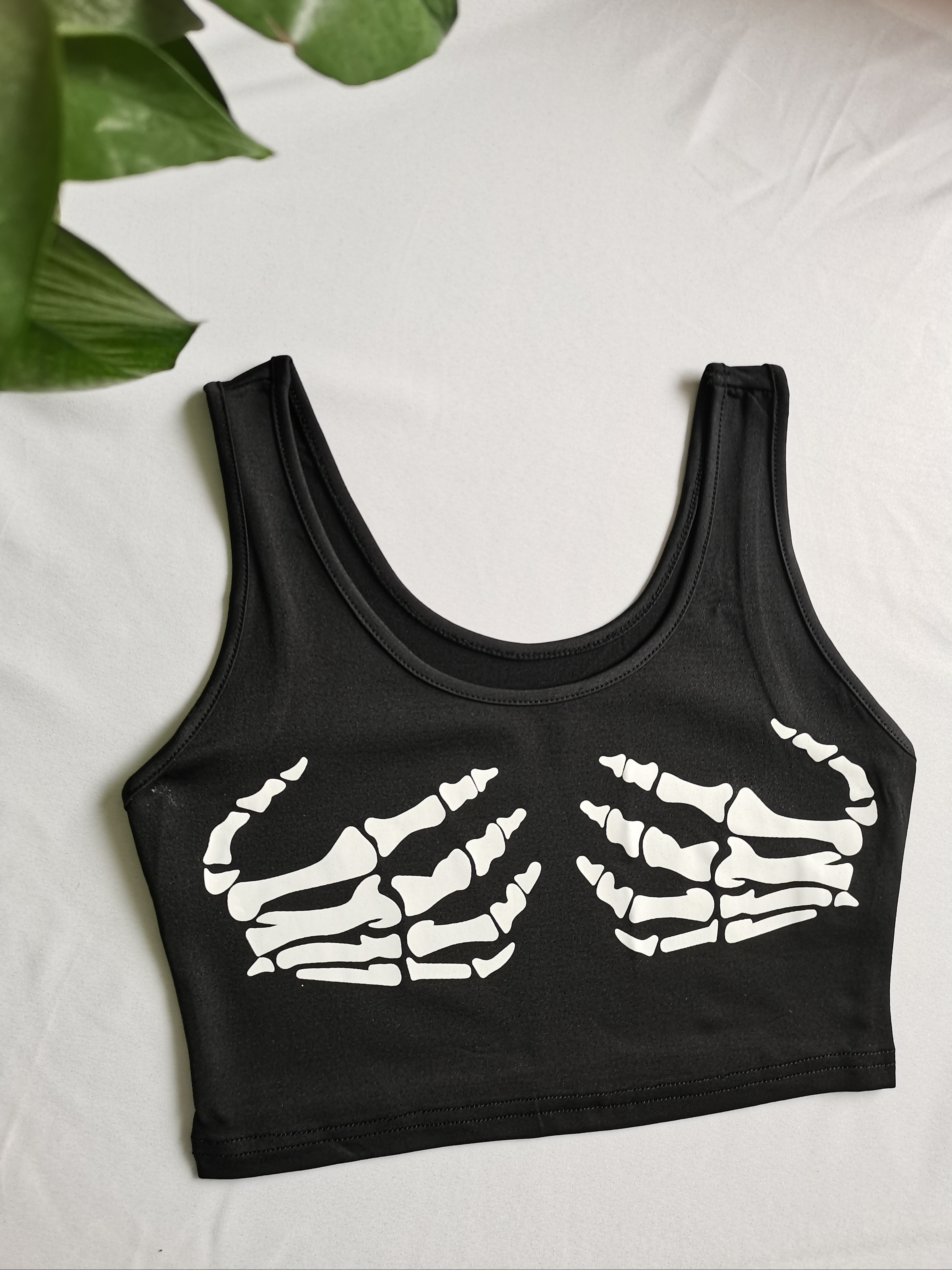 Women's Crop Cami Top Skeleton Skull Hand Print Sports Bra Sleeveless Tank  Tops 