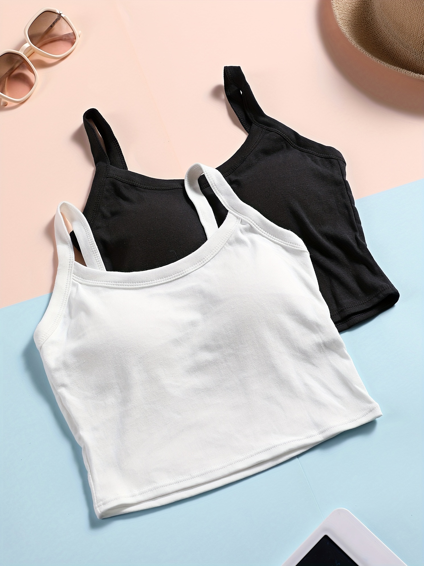 Women's V Neck Spaghetti Strap Cami Padded Crop Tank Top with Built in Bra  Casual Cotton Yoga Sports Bralette 