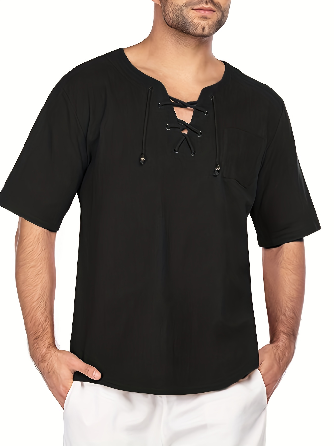 Camiseta negra de algodón puro con cuello redondo liso para hombre