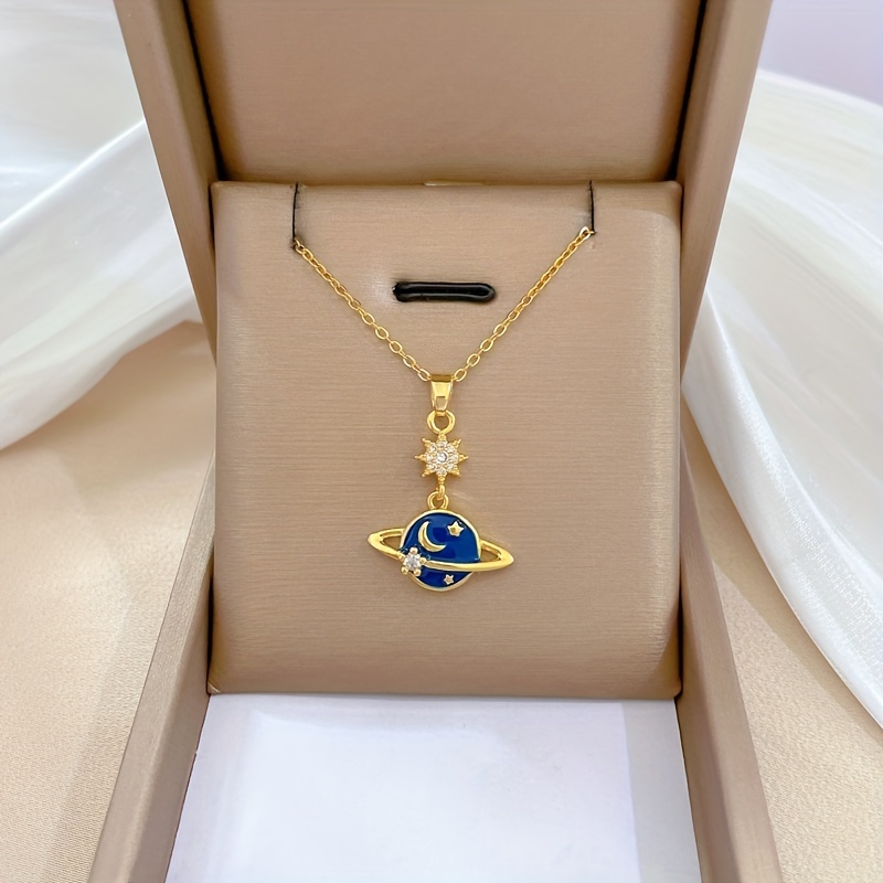 Titanium Steel Opal Saturn Star Necklace Gold Color Luxury Fashion Pendant Necklace  Chain for Women Punk