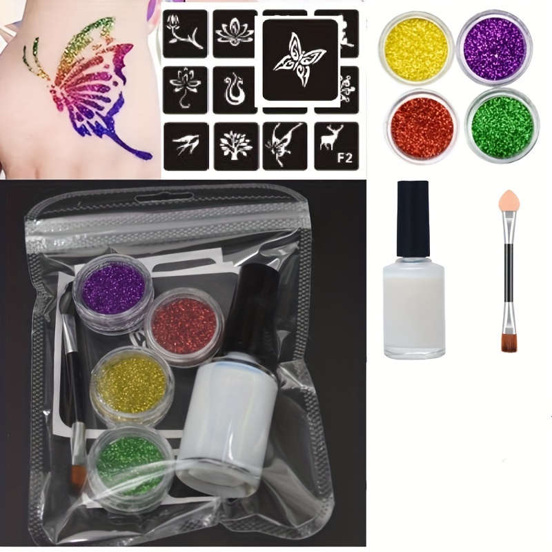 Glitter Colors Tattoo Kit With Stencil Glue Brush Makeup Glitter