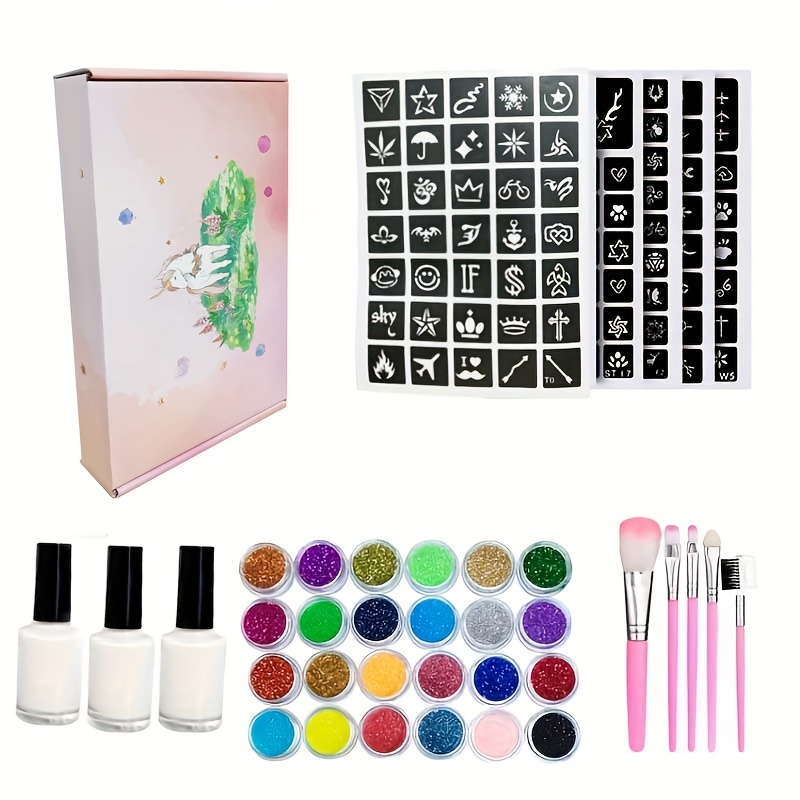 Glitter Fake Tattoo Kits Templates Flash Temporary Tattoo Kits Party Kids  Adult Face Body Painting Art Tool Set Christmas Gift